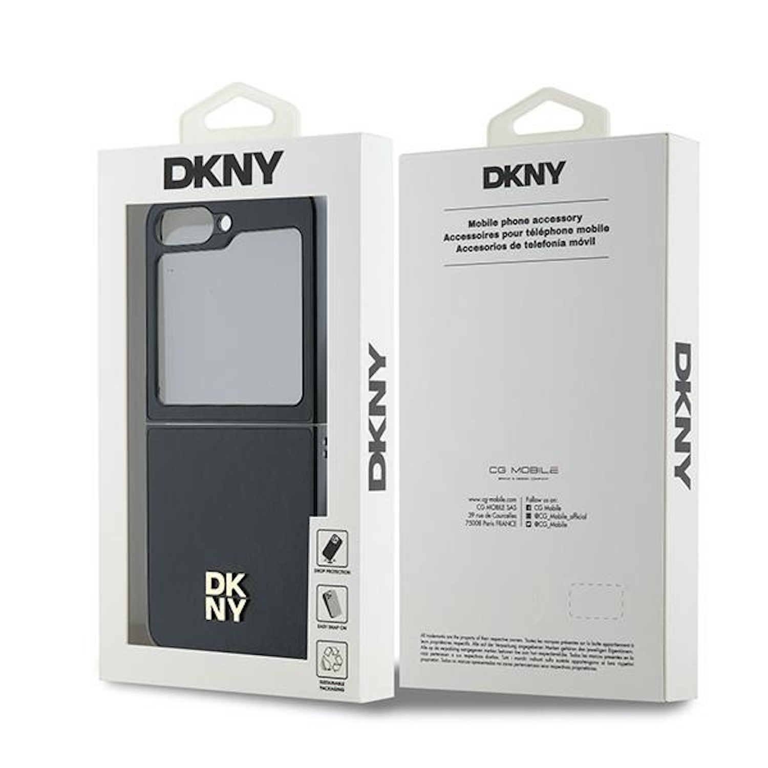 Una custodia per telefono in una scatola. La custodia ha un logo DKNY e un design nero.