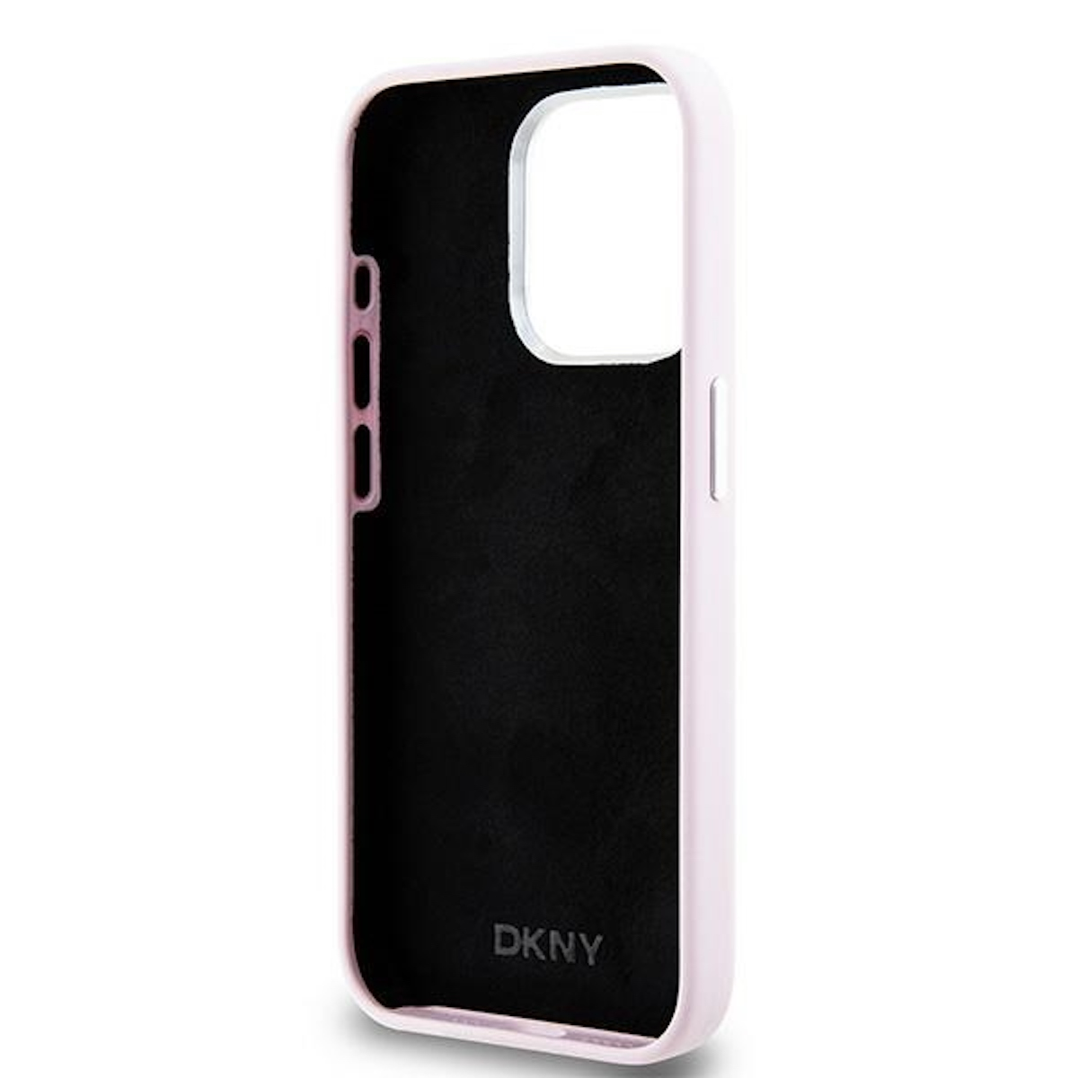 Custodia rosa per telefono con interno nero, con il marchio DKNY in basso.