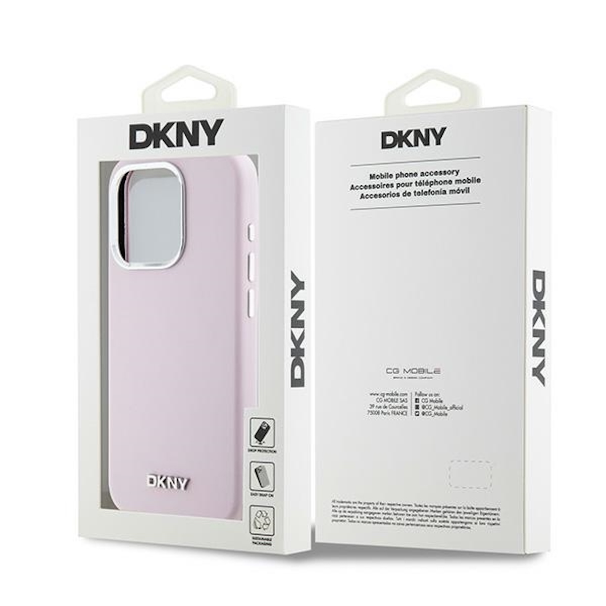 Custodia viola per telefono in una scatola. La scatola è bianca con il logo DKNY e i dettagli.
