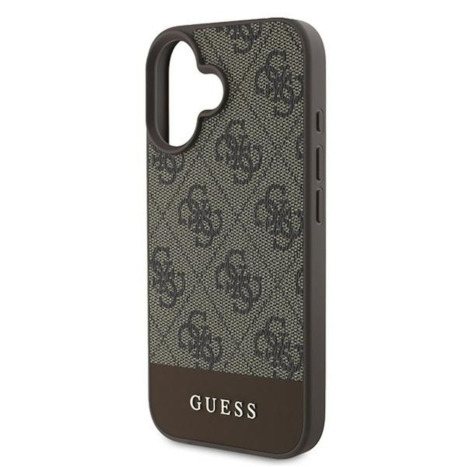 Custodia per telefono con bordo marrone, logo Guess e tessuto fantasia.
