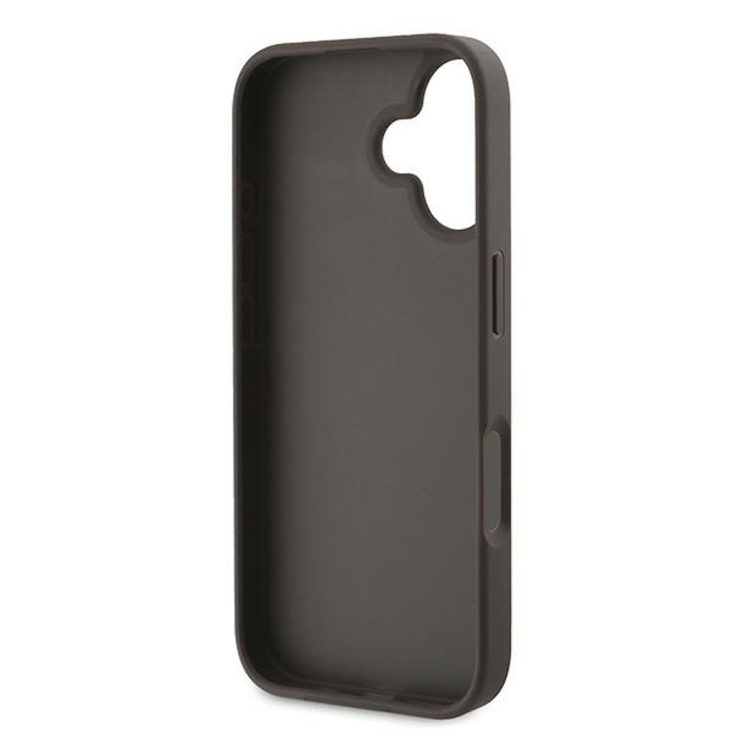 Custodia per telefono grigio scuro. È una custodia tinta unita con fori per fotocamera e pulsanti.