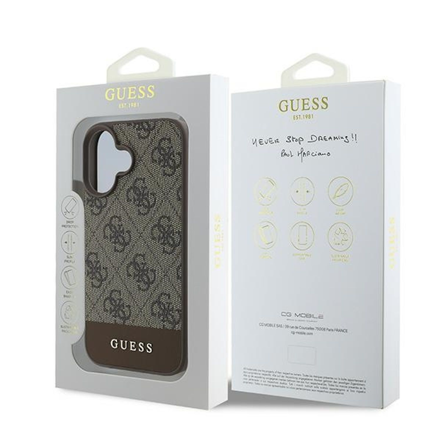 Una custodia per telefono in una scatola. La custodia ha un logo Guess e un design marrone e fantasia.