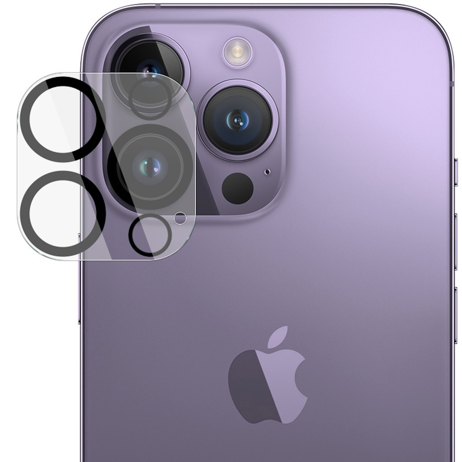 Telefono con protezioni per fotocamera applicate, due lenti circolari a fuoco.