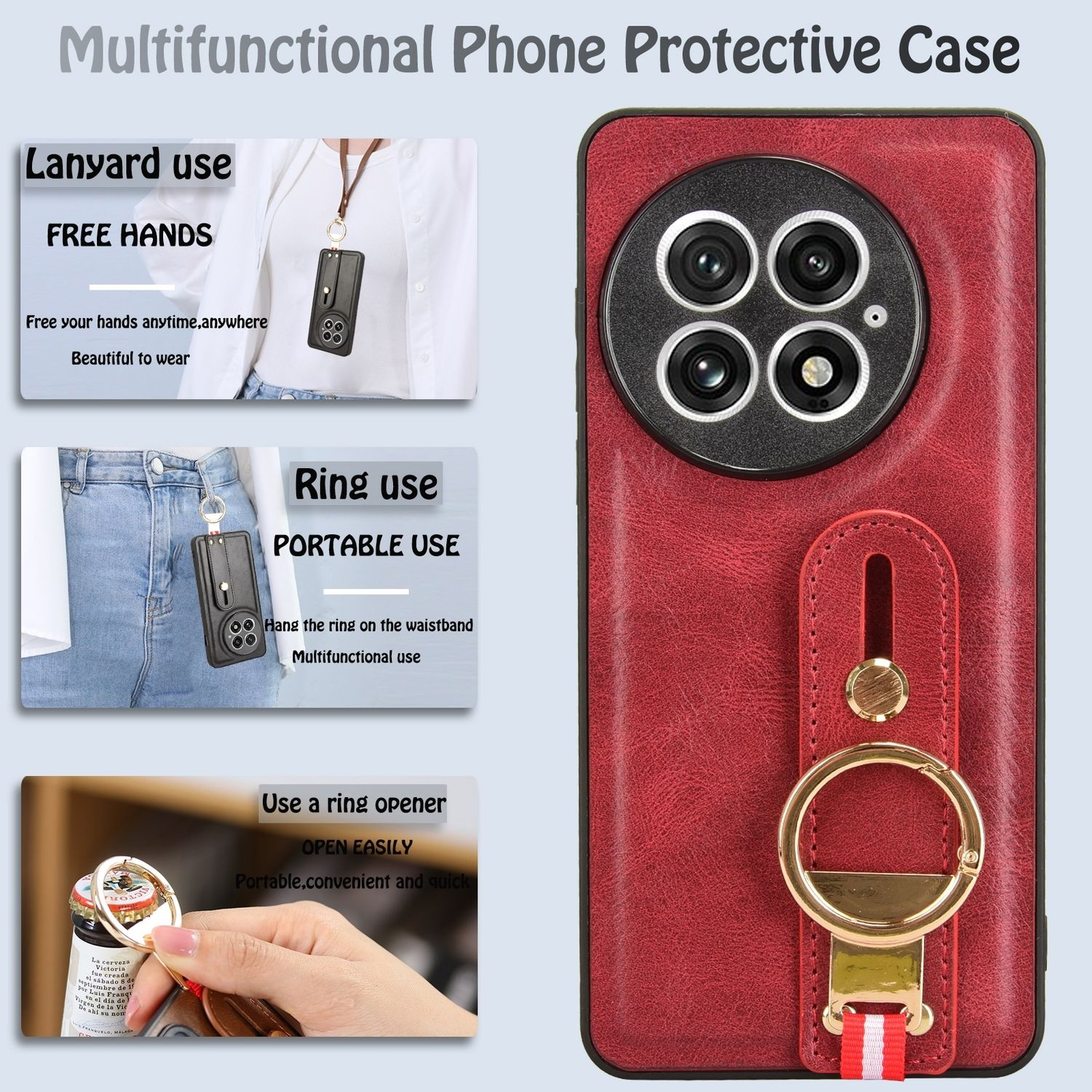 Rote Handyhülle mit Ringhalter, Lanyard- und Ringverwendung, und Ringöffner.