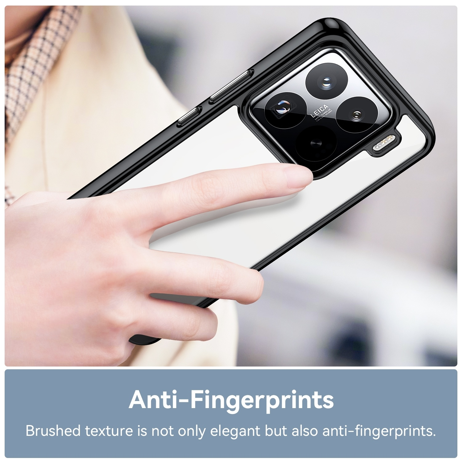 Hand hält Telefon mit schwarzem Rahmen. Text: Anti-Fingerabdrücke.