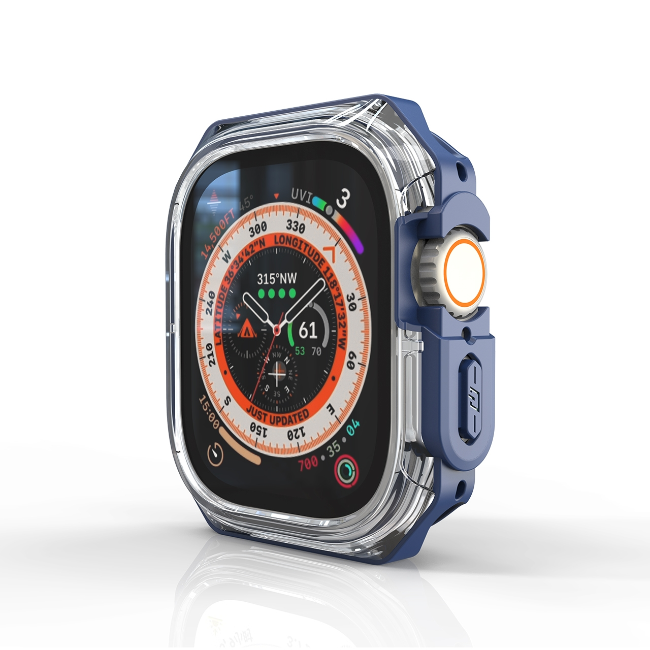 Smartwatch-Schutz mit blauem Rahmen. Das Zifferblatt zeigt einen Kompass und andere Daten.