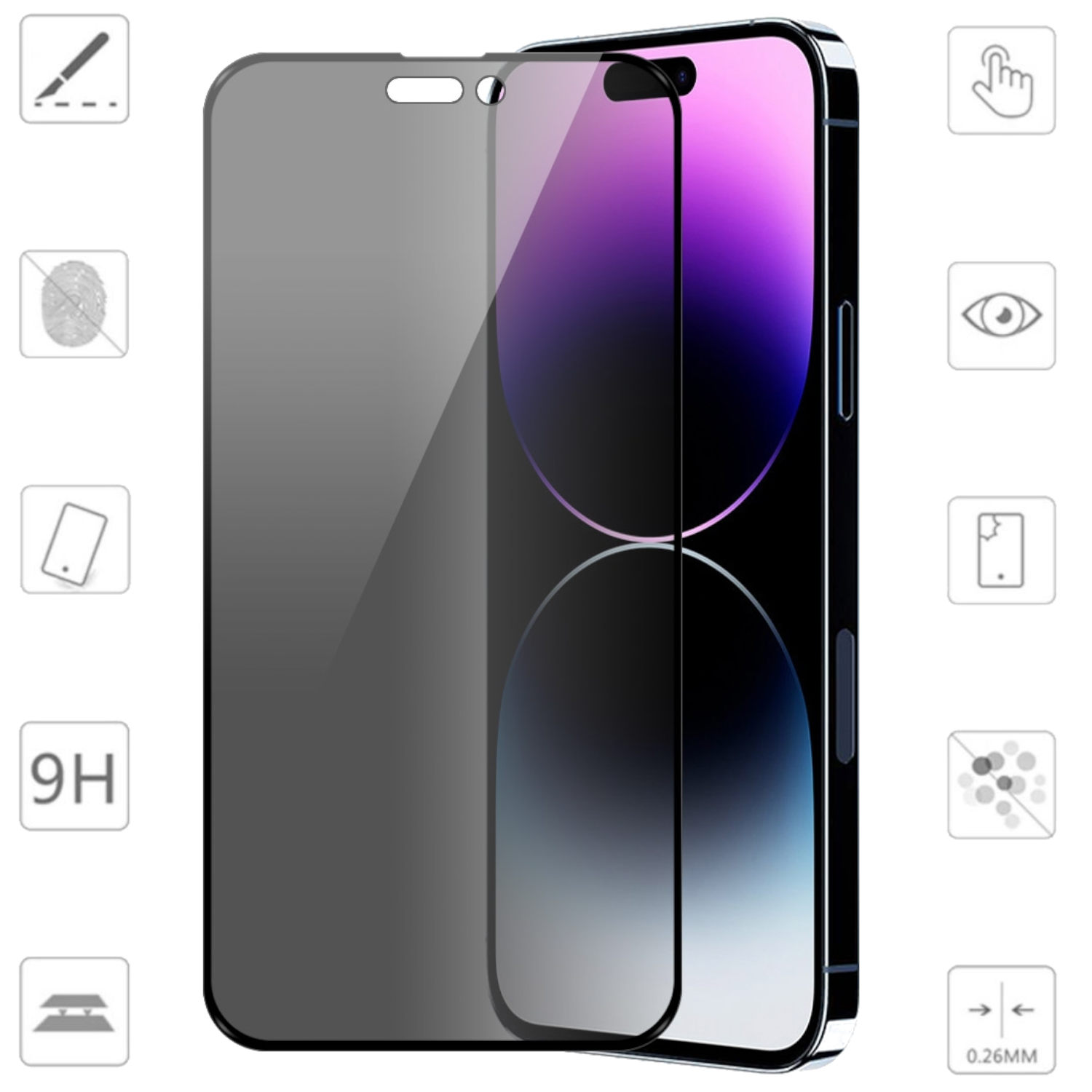 Telefon mit Displayschutz auf dem Bildschirm. Der Displayschutz ist dunkel und hat Symbole darum herum.