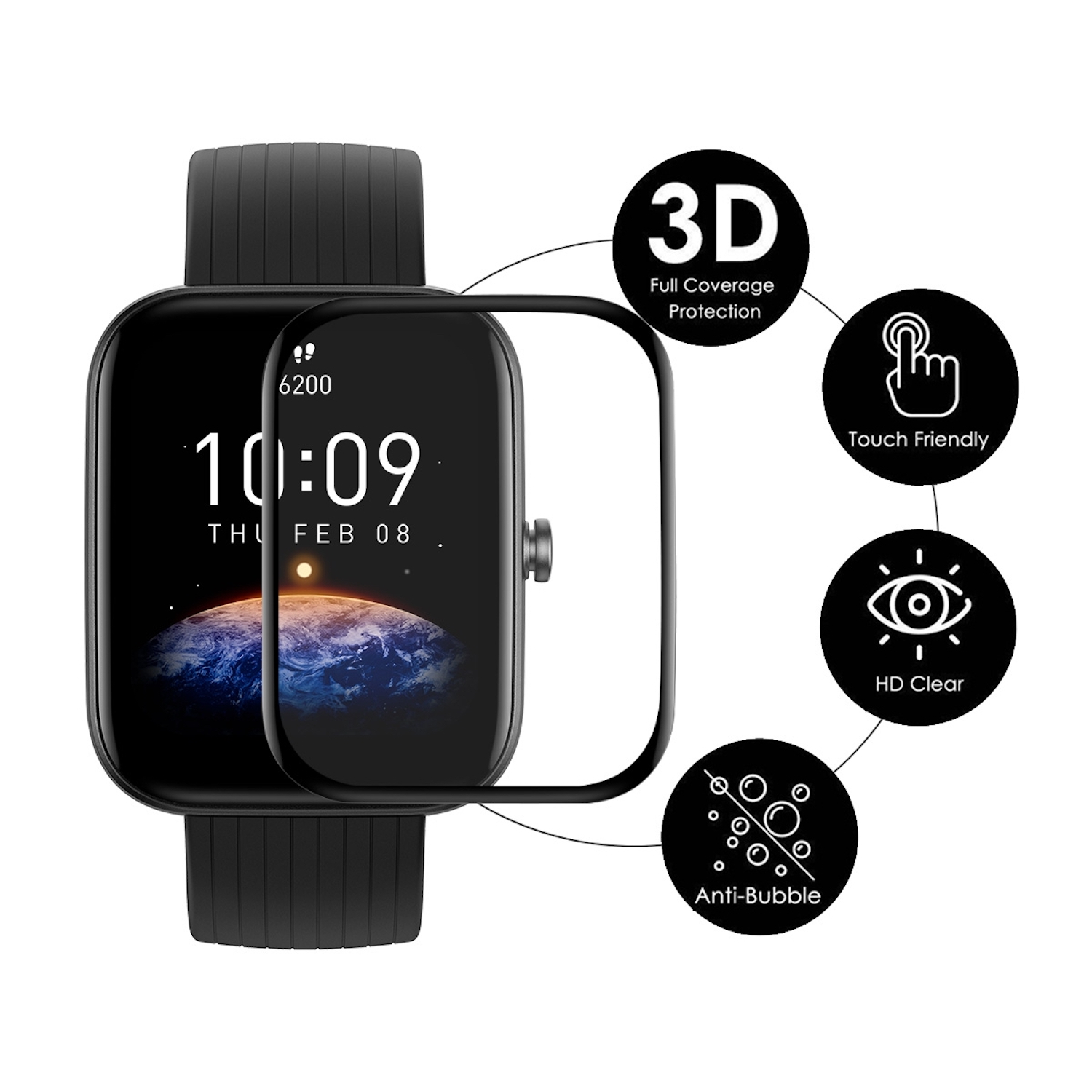 Schwarze Smartwatch mit Displayschutz. Symbole zeigen Funktionen: 3D, Touch, HD klar und Anti-Blasen.