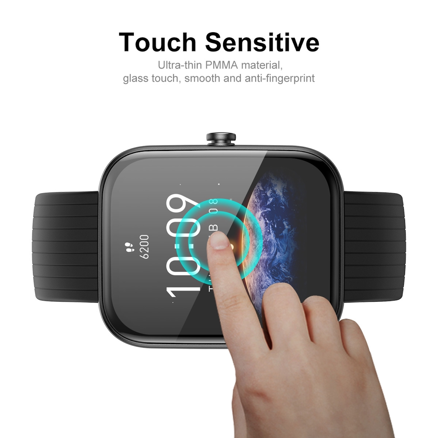 Schwarze Smartwatch, die die Uhrzeit anzeigt, mit einem Finger, der den Bildschirm berührt.