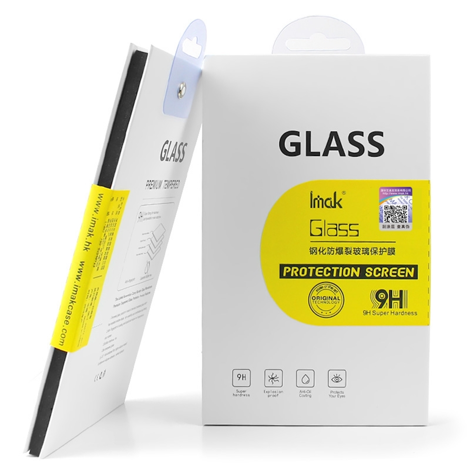 Weiße und gelbe Box mit Text. Ein Displayschutz ist innen sichtbar.