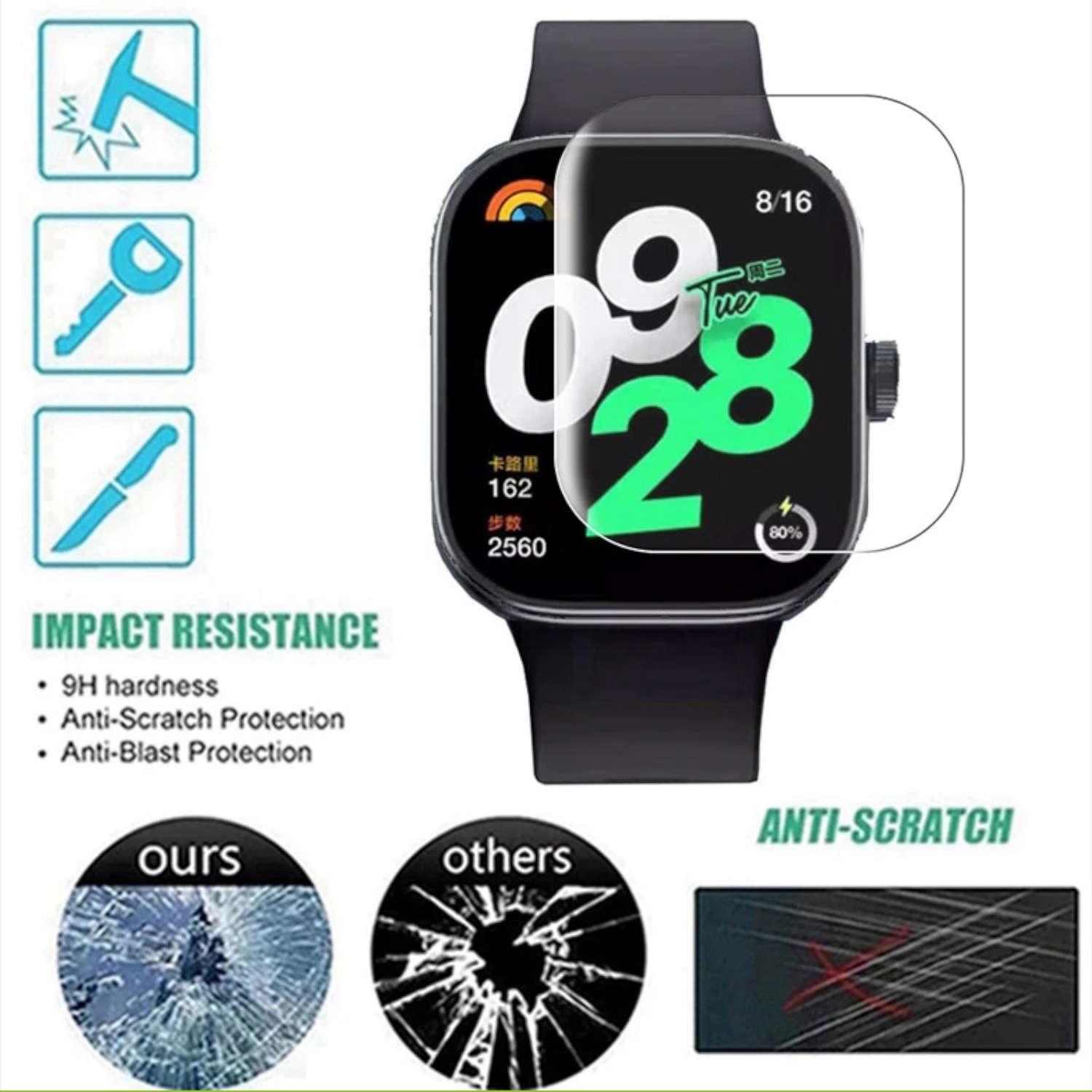 Smartwatch zeigt die Uhrzeit 10:09, Datum und Gesundheitsmetriken. Text: Stoßfestigkeit. Schutzdetails.