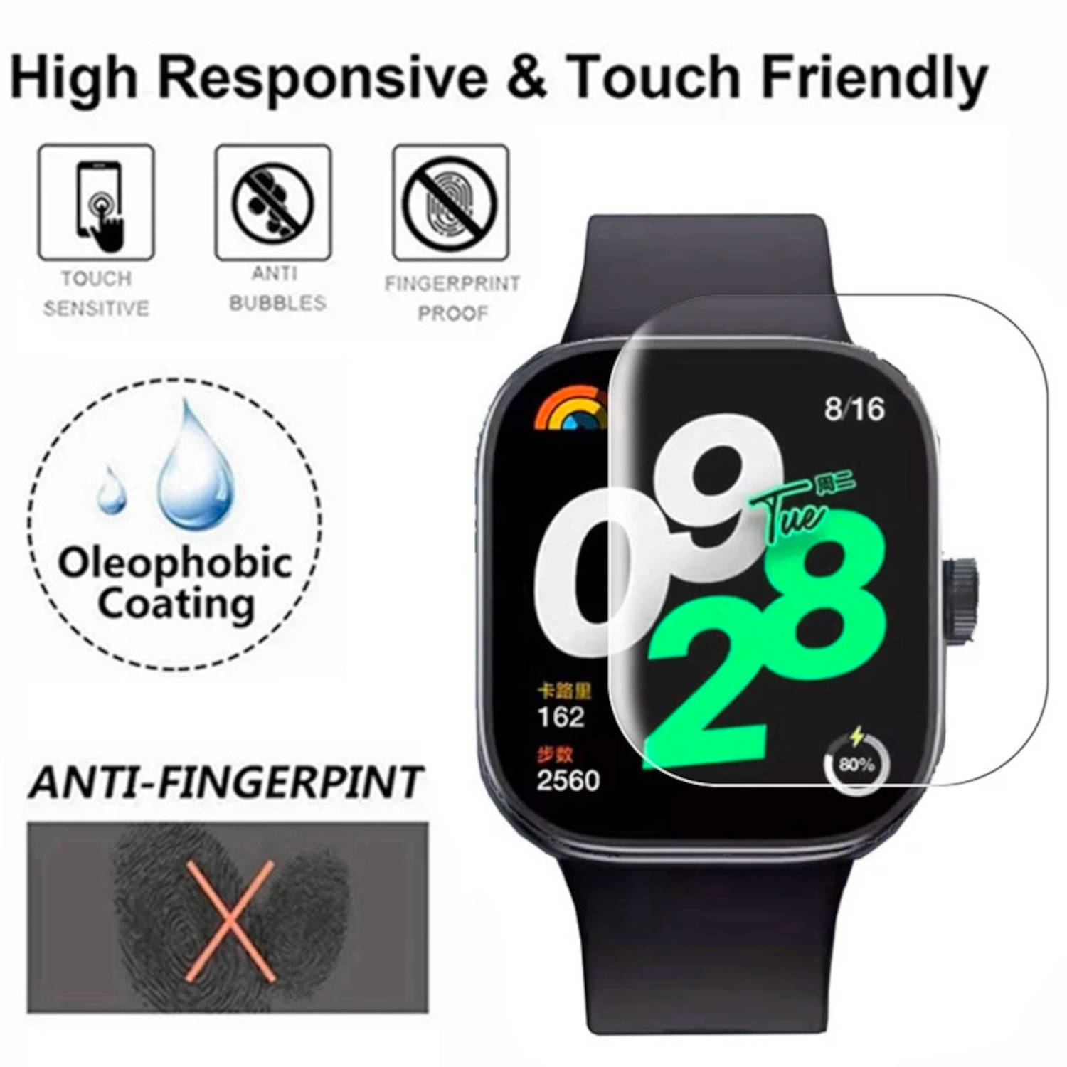Ein Smartwatch-Bildschirm mit einem Displayschutz. Text: Hochsensibel & berührungsfreundlich. Anti-Fingerprint.