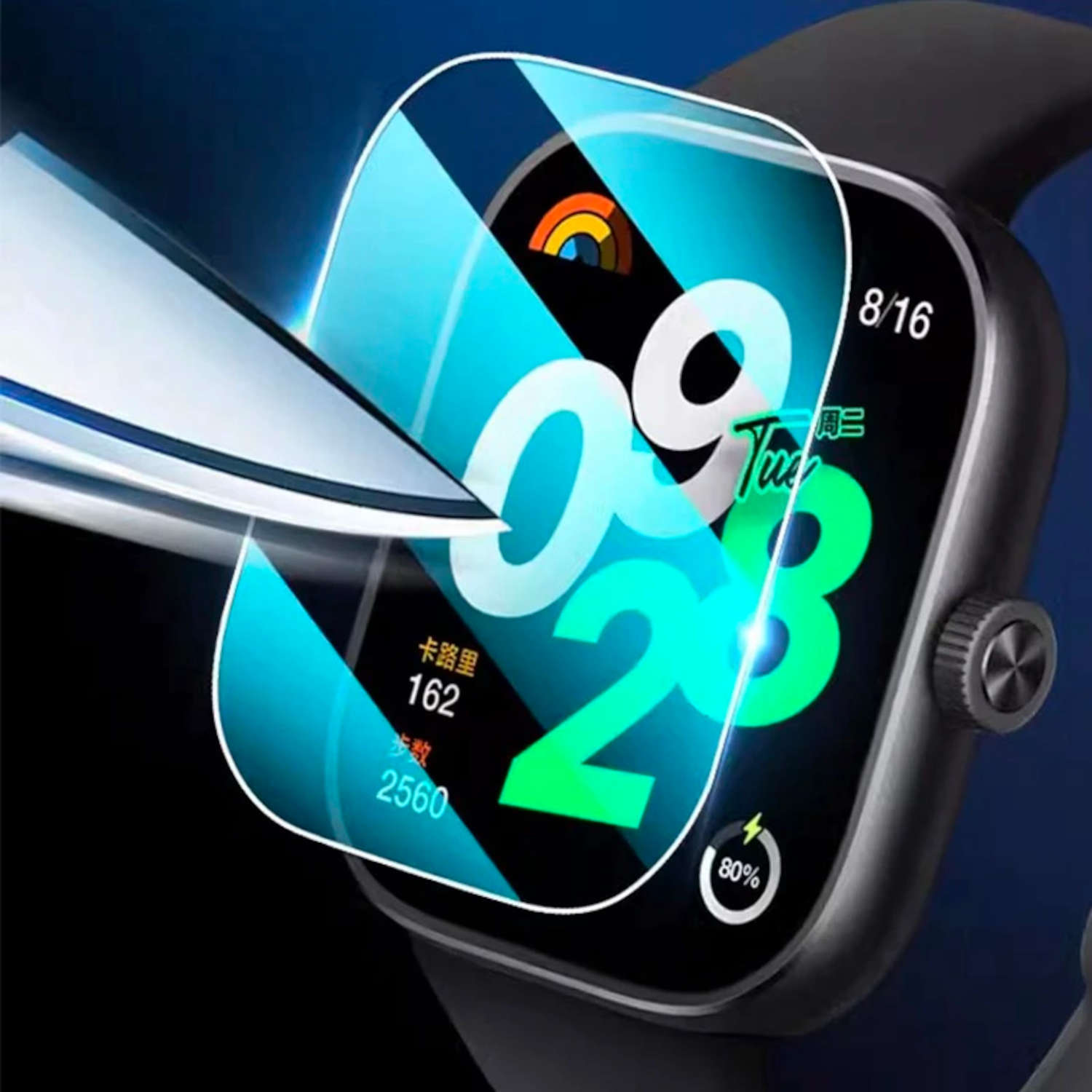 Ein Smartwatch-Bildschirm mit einem Displayschutz. Der Bildschirm zeigt die Uhrzeit und das Datum. Ein Messer schneidet den Schutz.