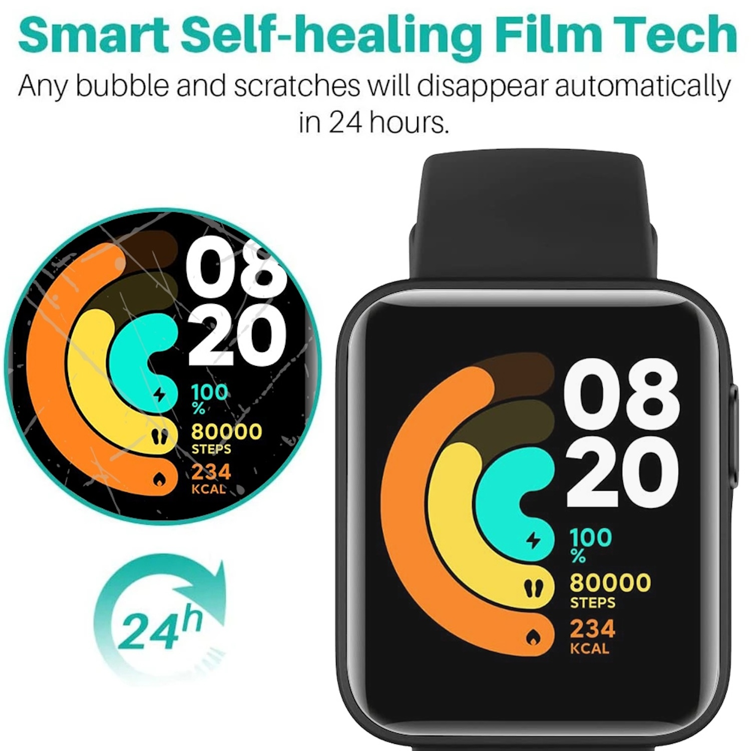 Smartwatch mit selbstheilender Folie. Zeigt Zeit, Schritte, Kalorien und Prozentsatz. Illustration.