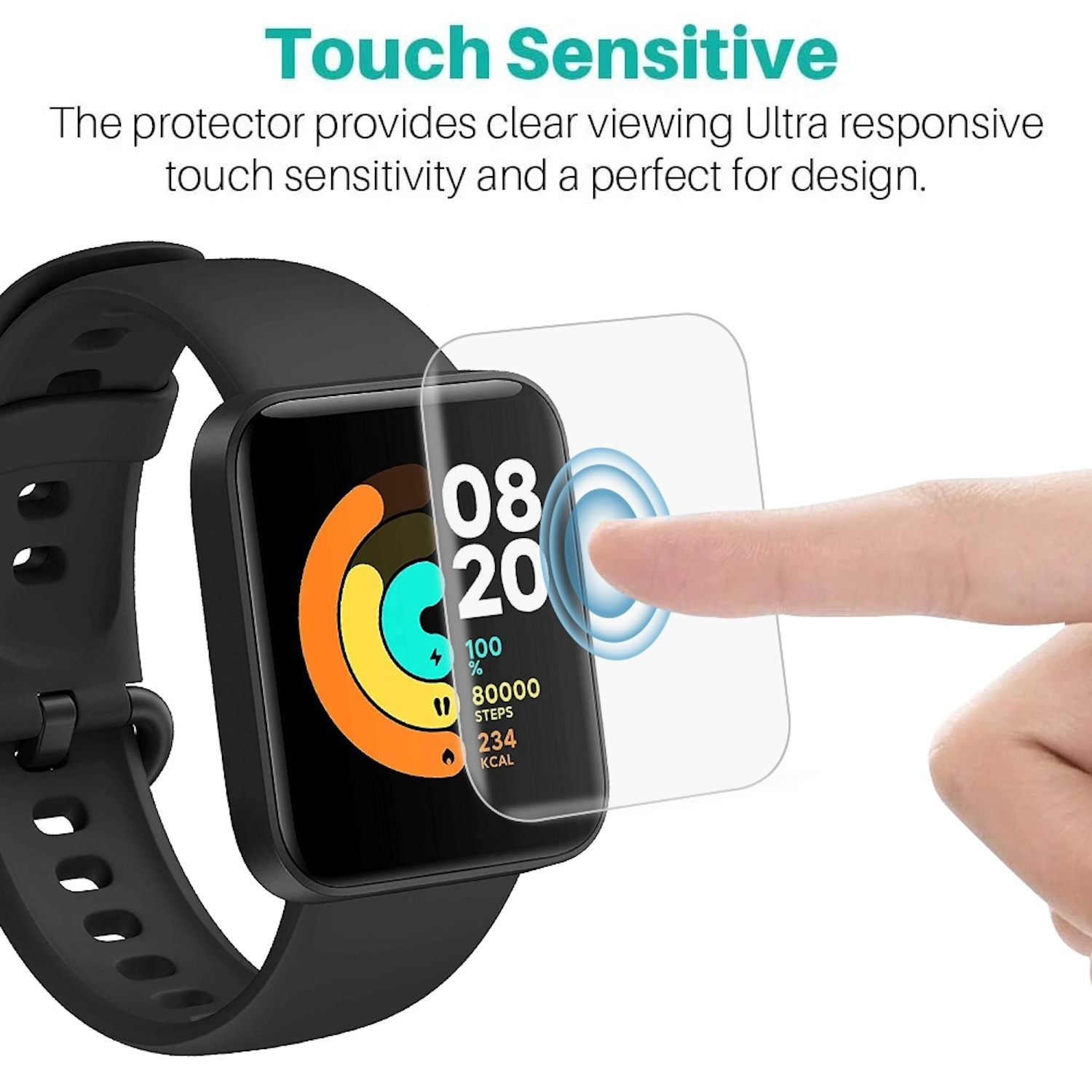 Ein Displayschutz wird auf eine Smartwatch aufgetragen. Die Uhr zeigt die Zeit und Schritte an.
