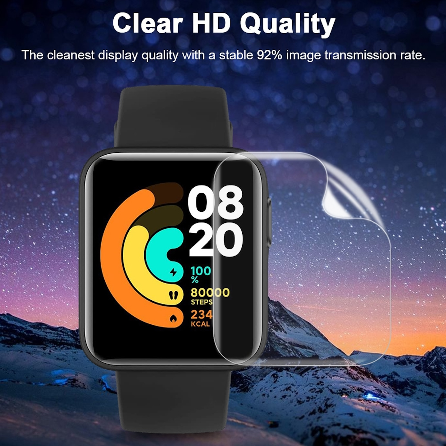 Smartwatch-Bildschirm mit Uhrzeit, Aktivitätsdaten und Schutzfolie.