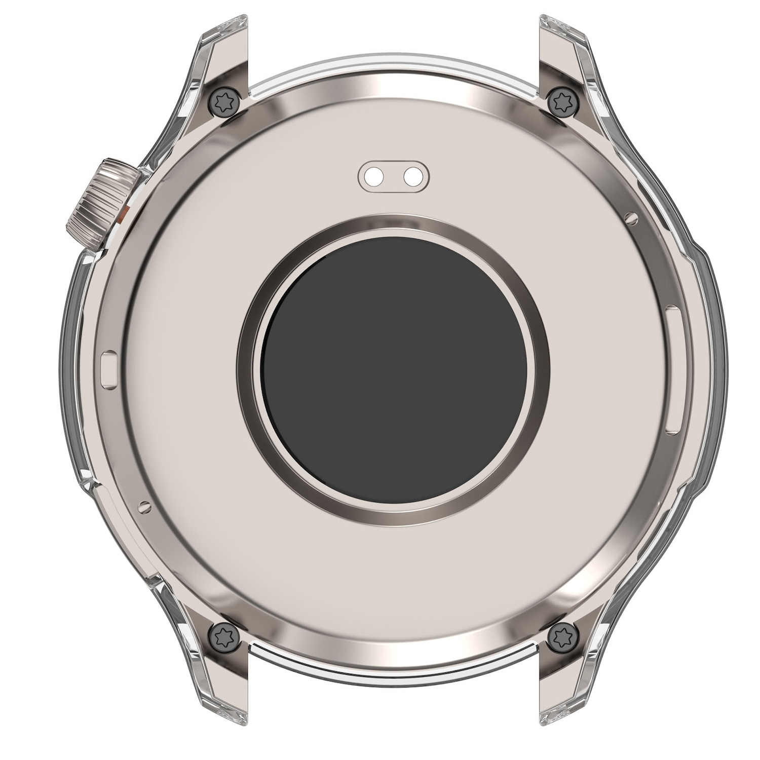 Silbernes Uhrengehäuse. Die Rückseite der Uhr ist sichtbar. Das Gehäuse hat eine transparente Schutzhülle.