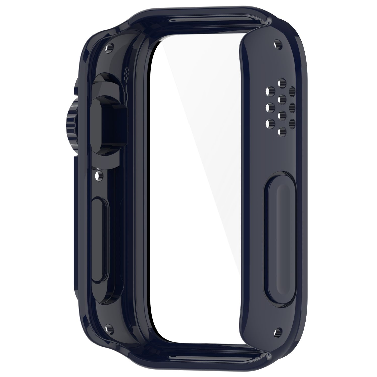 Dunkelblaues Smartwatch-Gehäuse mit transparentem Bildschirm. Das Gehäuse hat eine rechteckige Form.