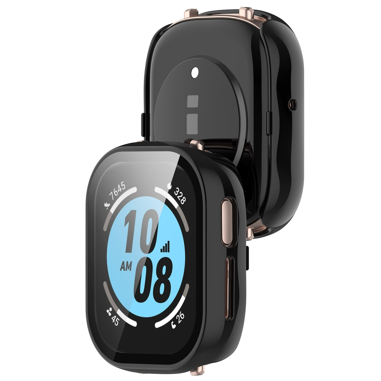 Schwarze Smartwatch mit goldenen Akzenten. Der Bildschirm zeigt die Uhrzeit an. Ein weiteres Uhrengehäuse dahinter.