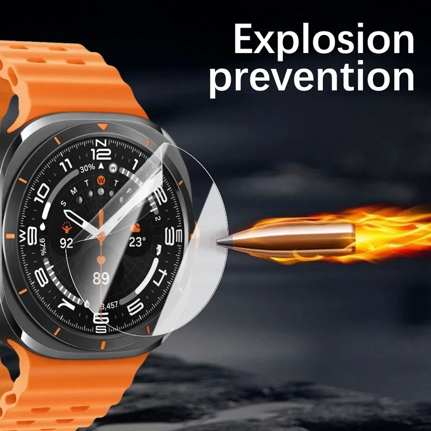 Orange Uhr mit schwarzen Details. Ein Glasschutz befindet sich auf der Uhr. Die Uhr ist auf schwarzem Hintergrund.