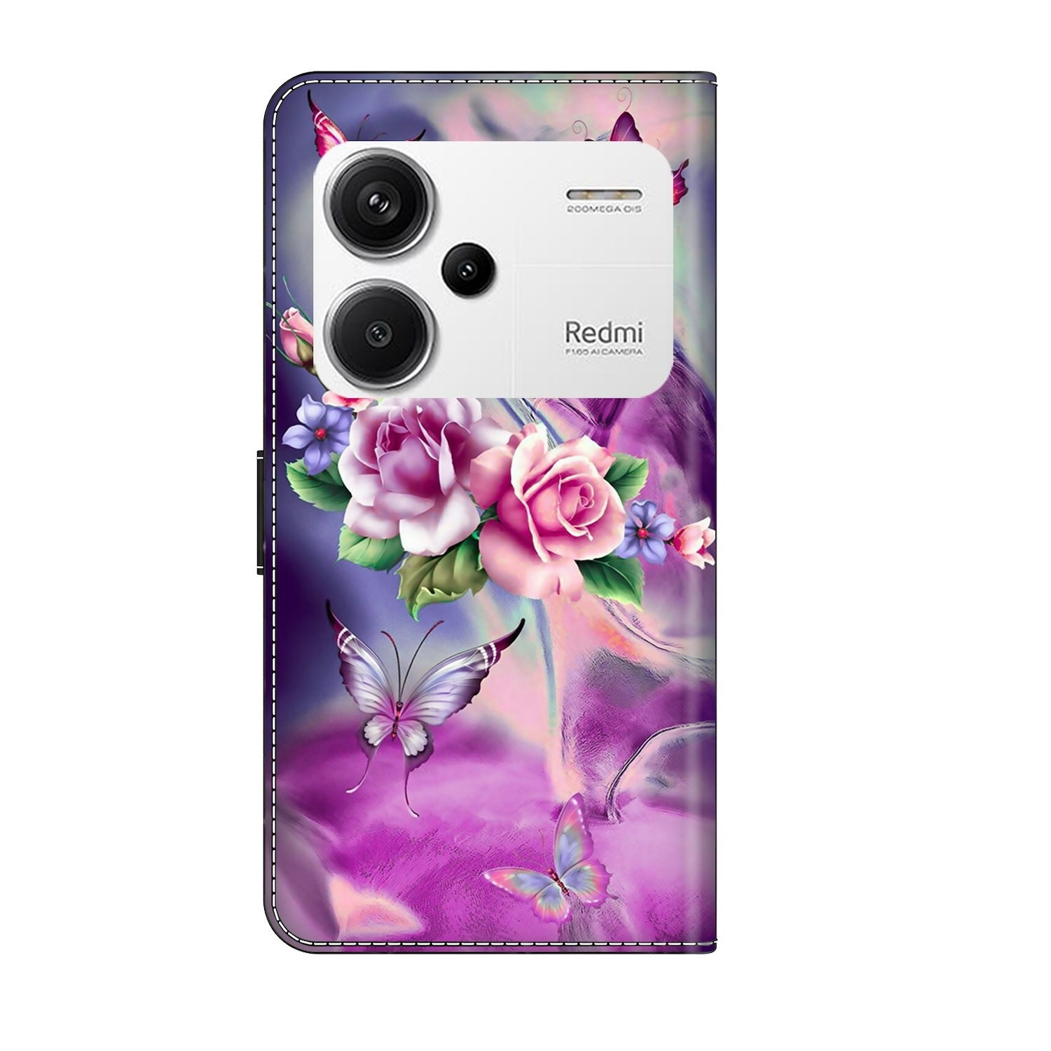 Eine Handyhülle mit Blumen und Schmetterlingen. Sie ist lila und rosa.