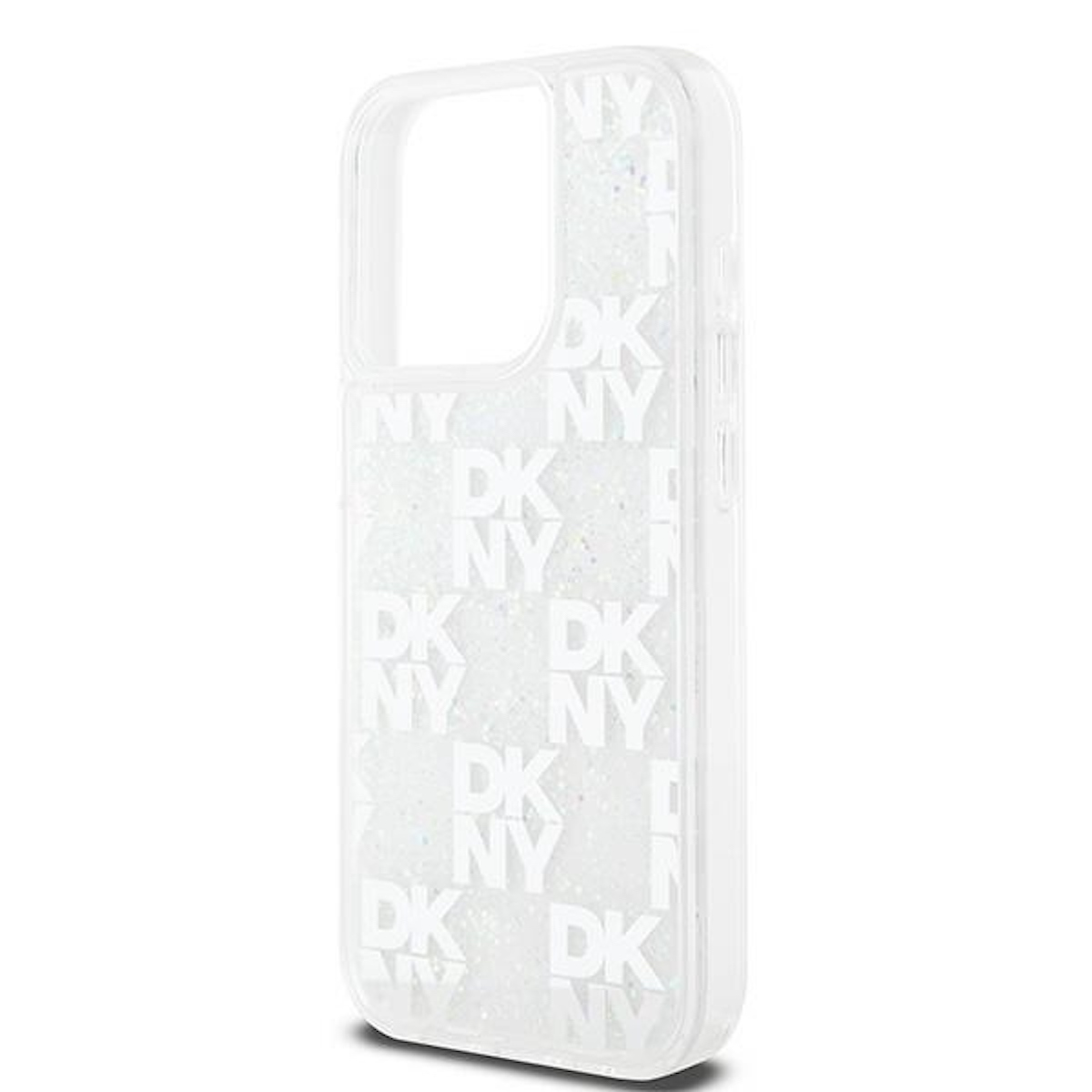 Custodia bianca per telefono con logo DKNY su sfondo bianco.