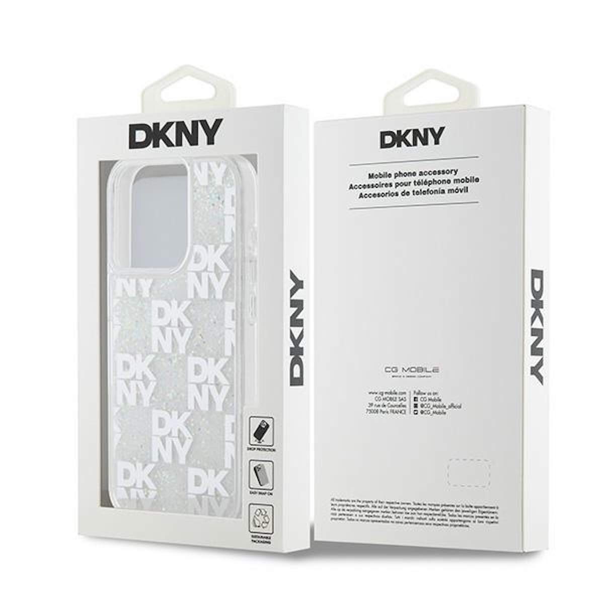 Una custodia per telefono DKNY in una scatola. La custodia è bianca con testo DKNY.