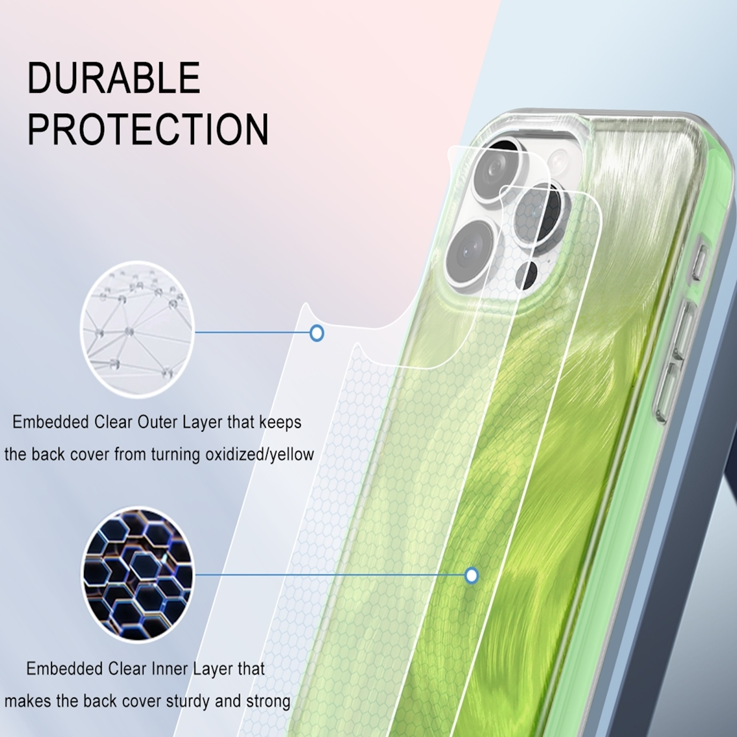 Transparente Handyhülle mit grünem Muster, zeigt Schichten und ist mit 'Durable Protection' beschriftet.