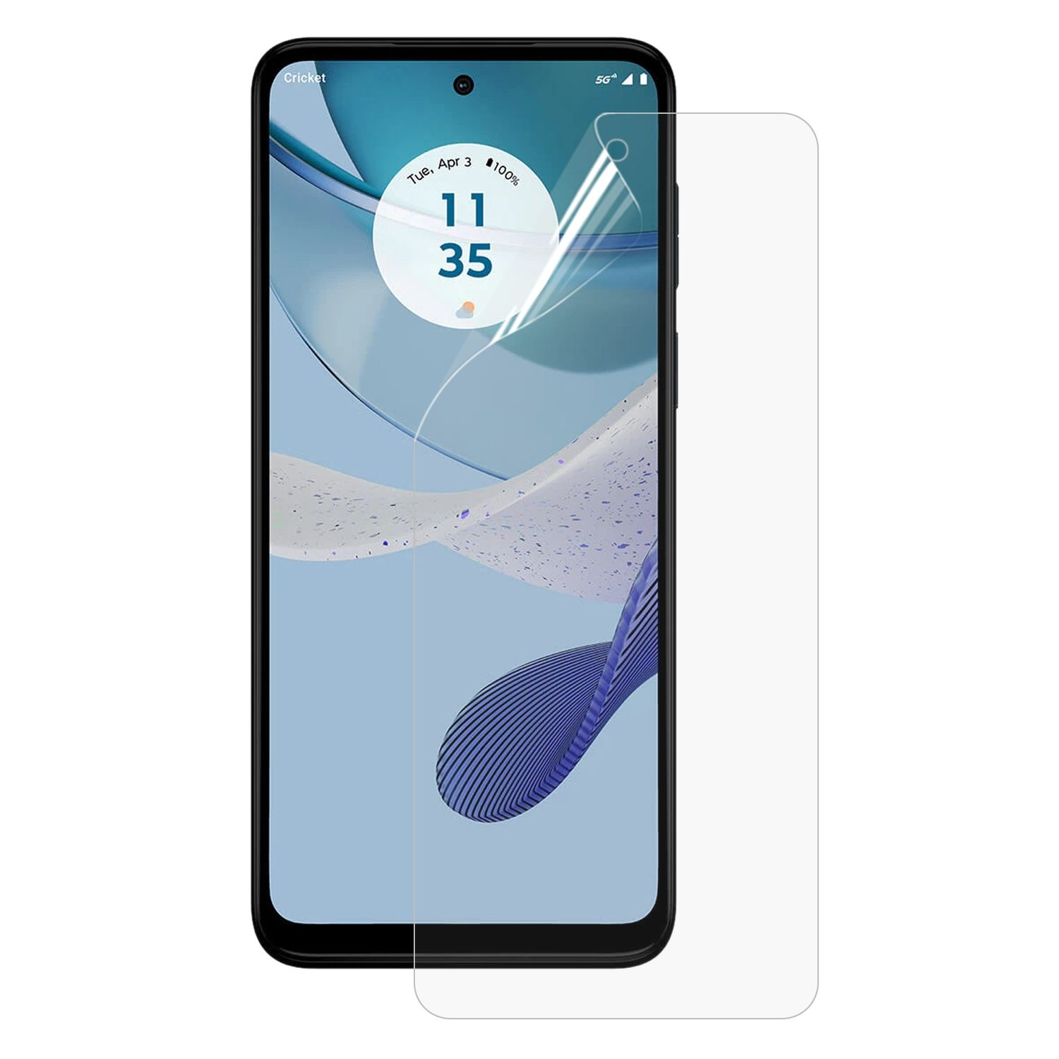Uno schermo del telefono con una protezione per lo schermo applicata, che mostra la data e l'ora.