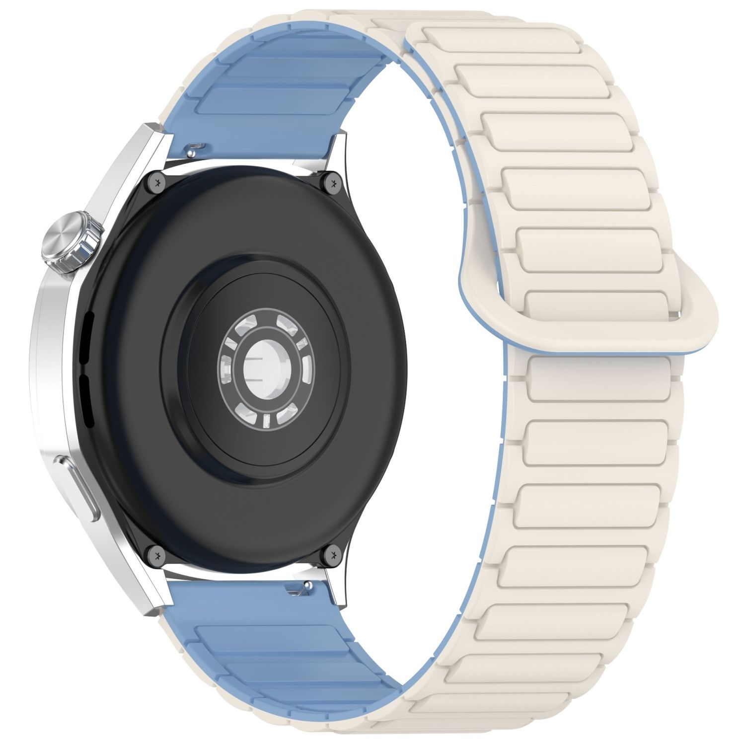 Smartwatch, Rückansicht mit blau-weißem Band.