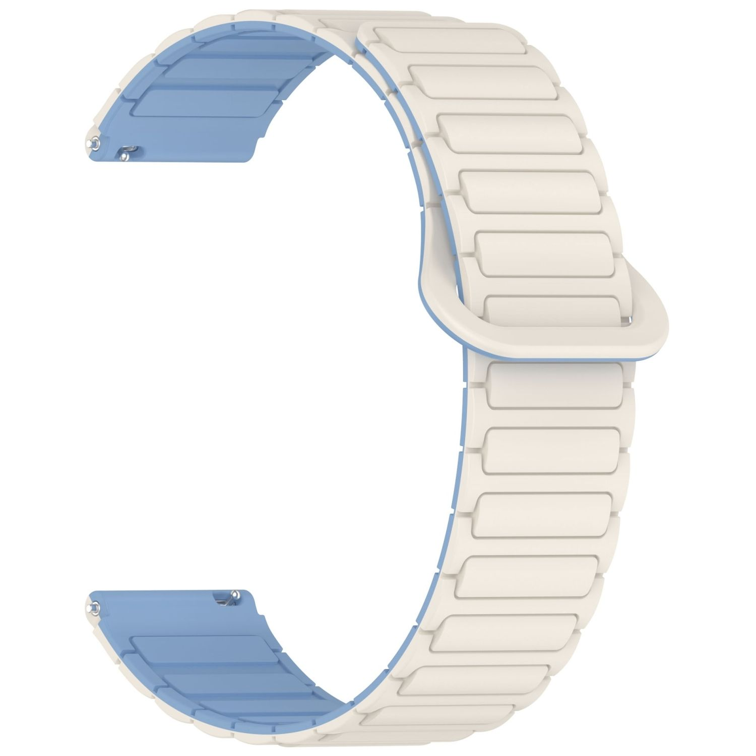 Uhrarmband, weiß und hellblau, rechteckige Glieder, gebogene Form.
