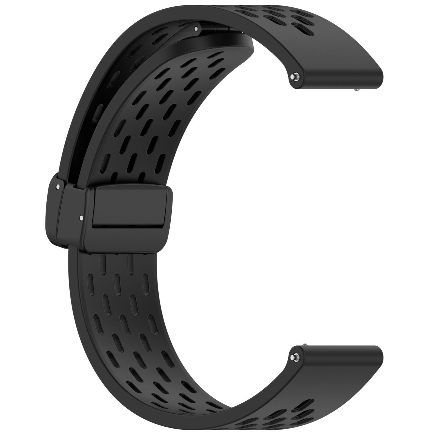 Schwarzes Uhrenarmband mit Perforationen. Es ist gebogen und hat eine Schnalle an einem Ende.