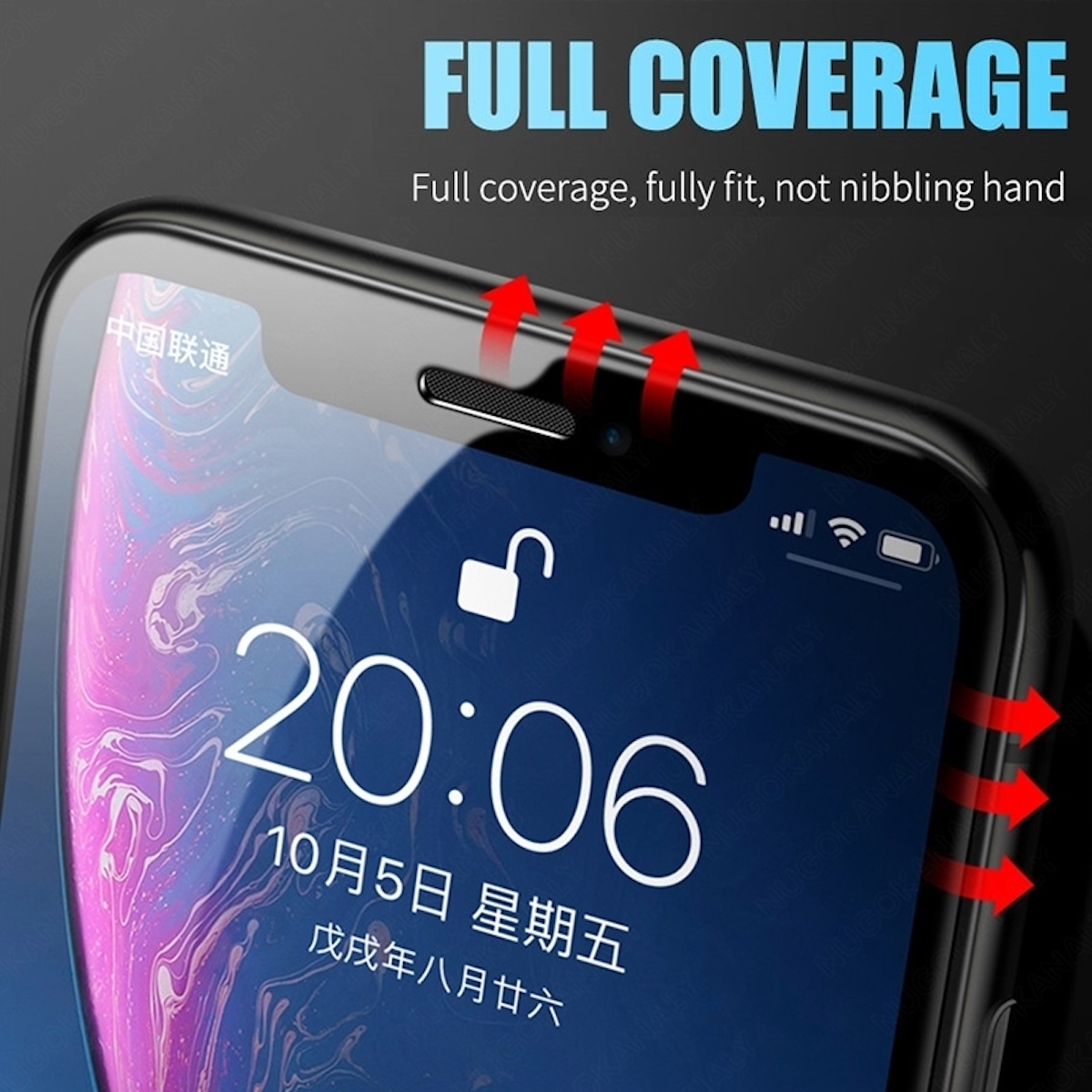 Schermo del telefono, nero con visualizzazione dell'ora e icona lucchetto, frecce rosse.