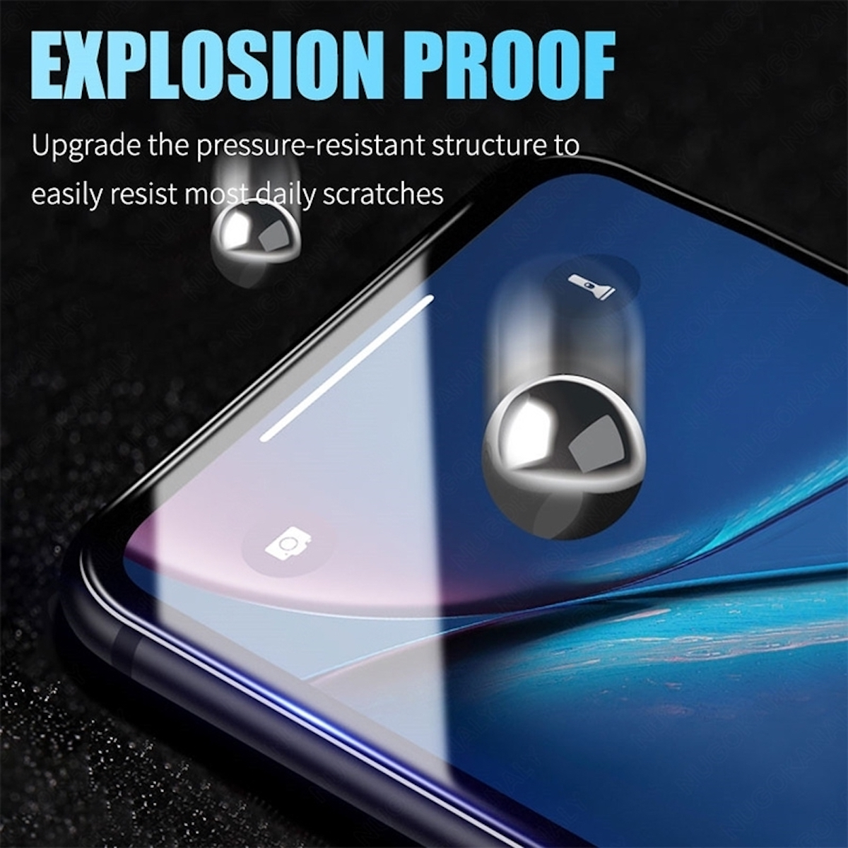 Schermo del telefono, nero con impatto di palla, vetro antiesplosione.