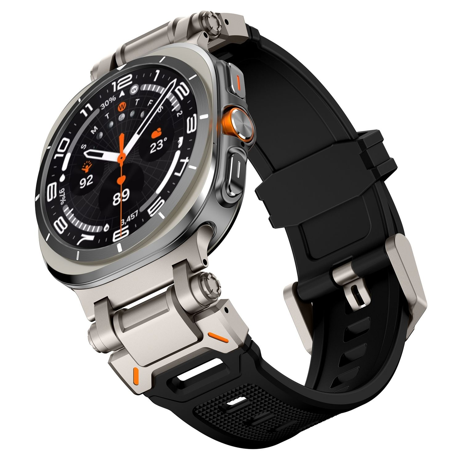 Silberne und schwarze Smartwatch am Handgelenk mit schwarzem Armband.