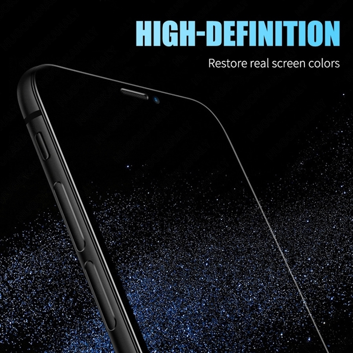 Schermo del telefono nero con effetto scintilla blu e testo.