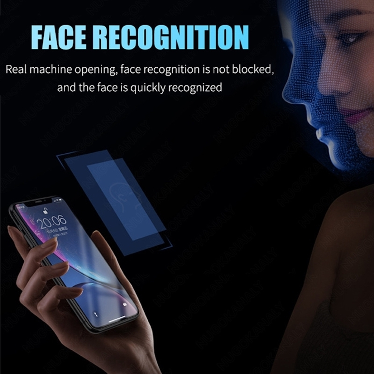 Telefono con funzione di riconoscimento facciale attivata, con testo 'FACE RECOGNITION'.