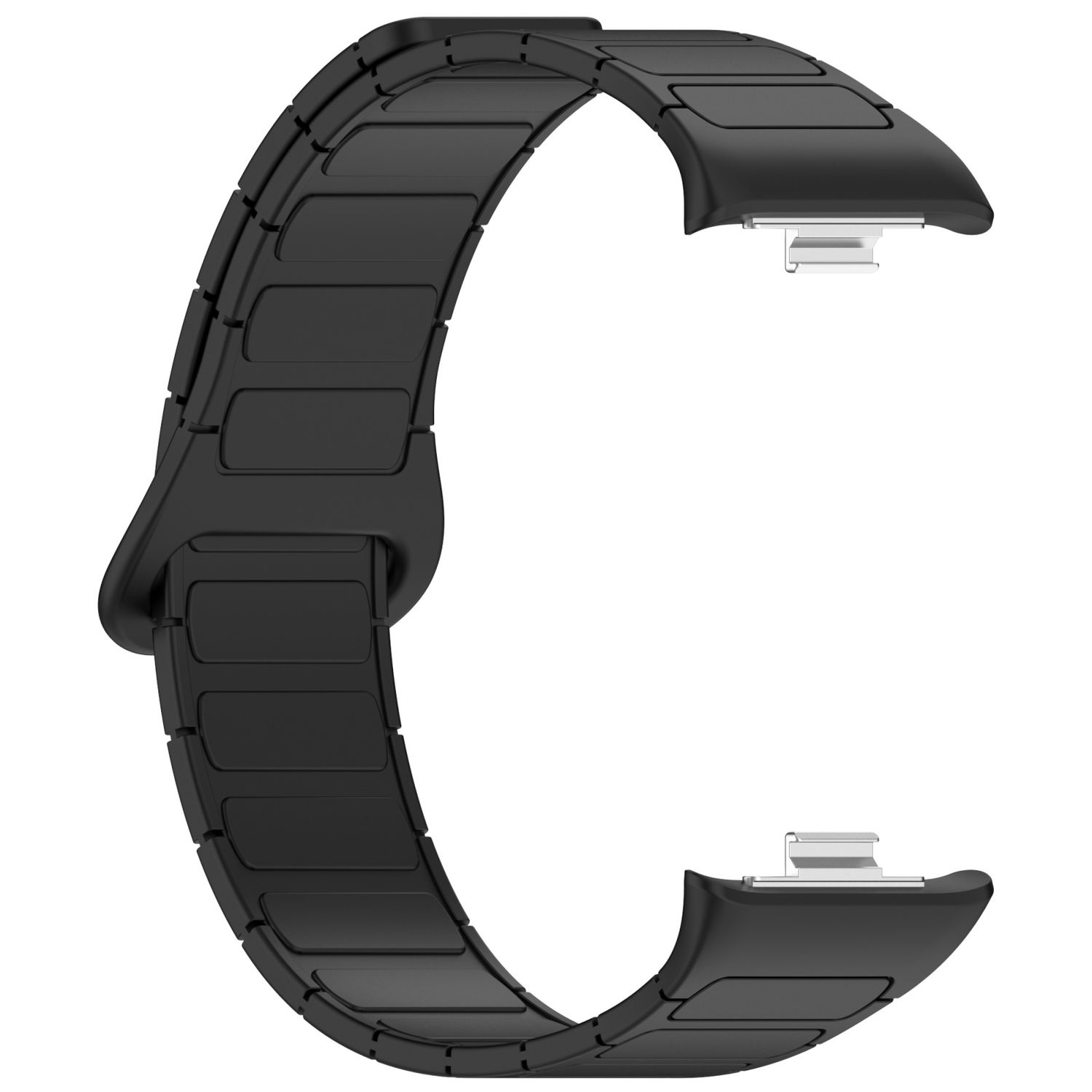 Schwarzes Uhrenarmband, C-förmig. Weißer Hintergrund.