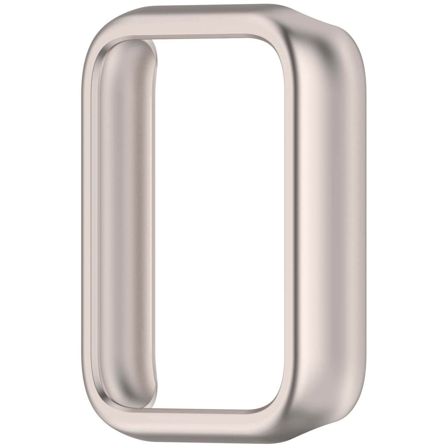 Cassa del cinturino argentata, forma rettangolare. Sfondo bianco.