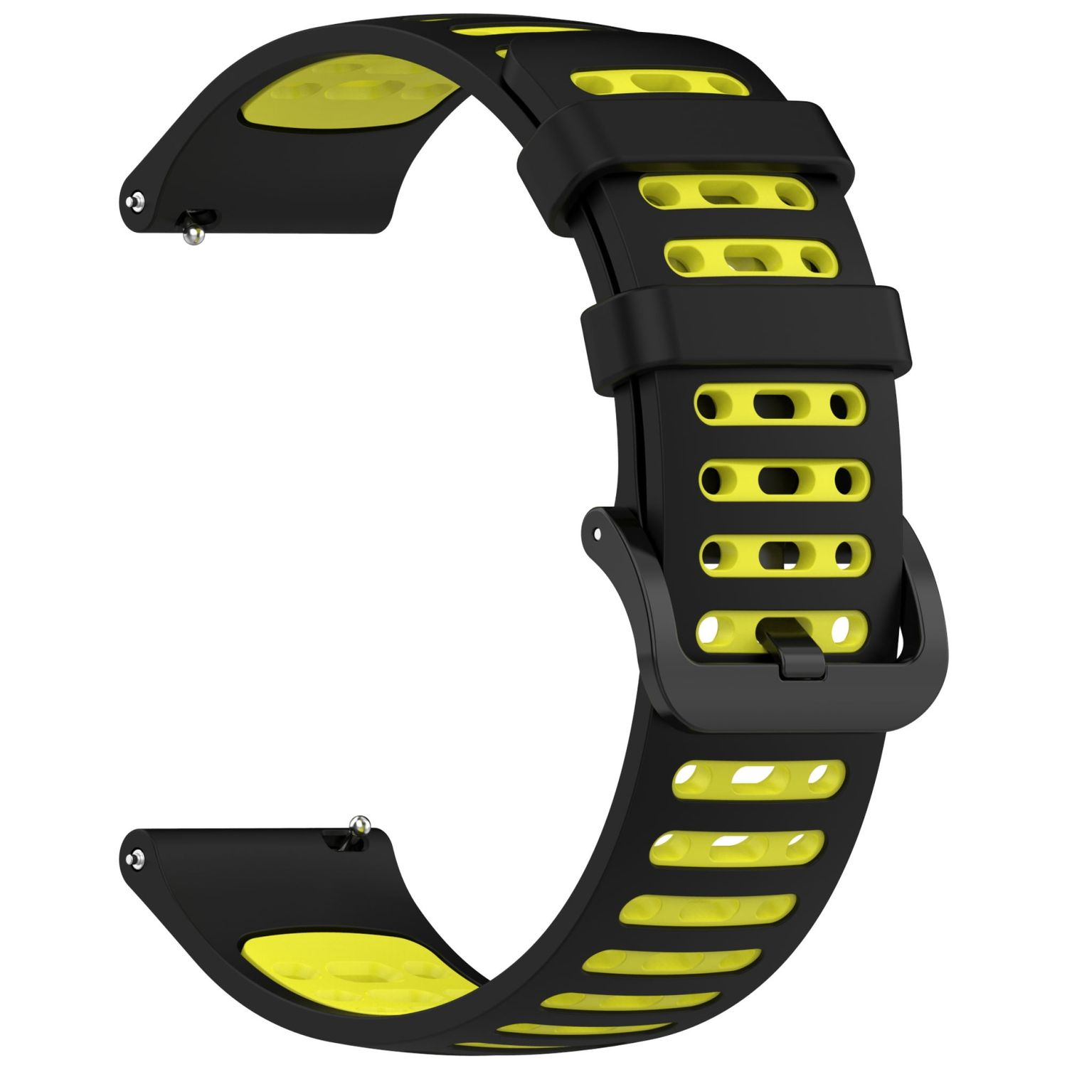 Schwarzes Uhrenarmband mit gelbem Innenband, gebogene Form. Weißer Hintergrund.
