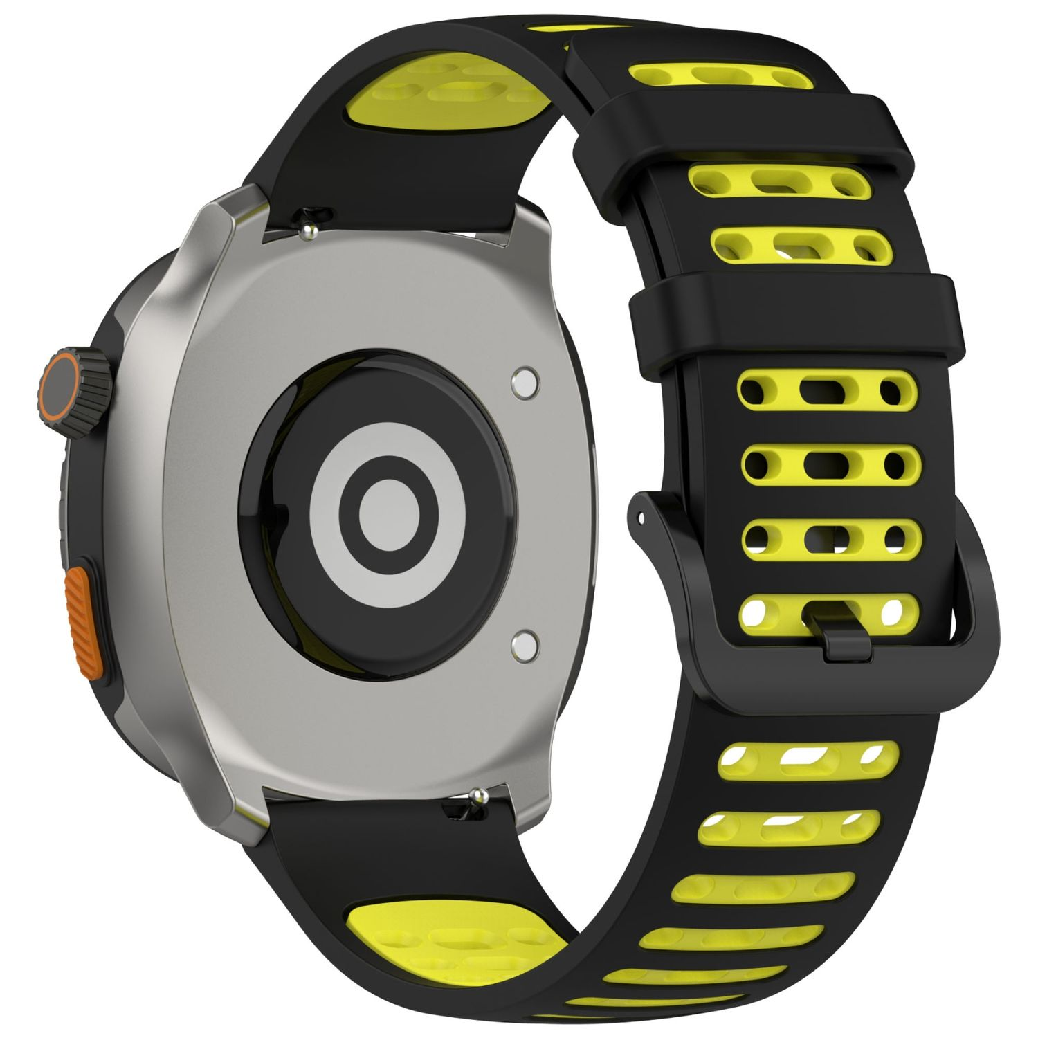 Die Rückseite einer Smartwatch mit gelb-schwarzem Armband und Metallgehäuse.