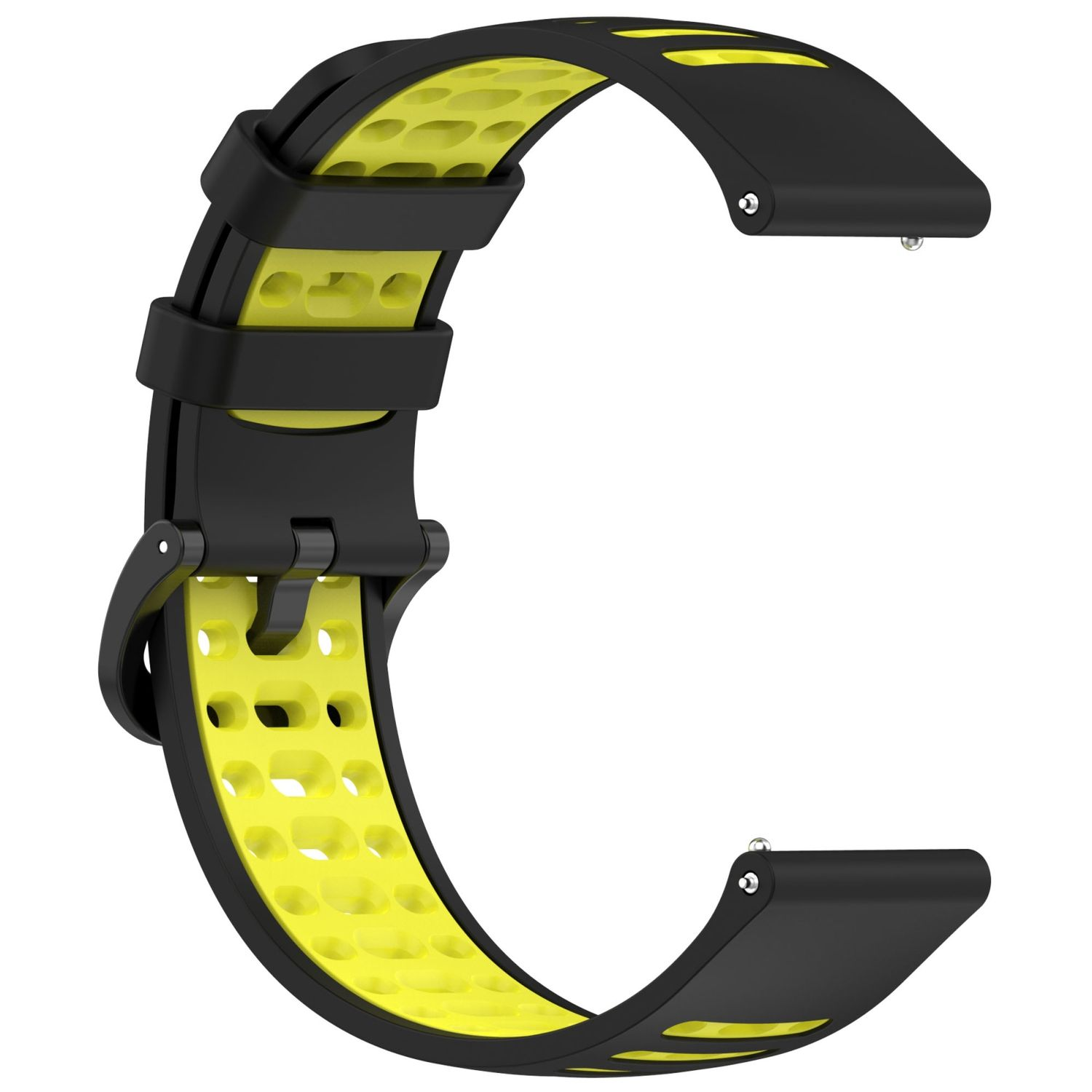 Ein Uhrenarmband mit schwarzem und gelbem Design. Es ist gebogen und zeigt einen Uhrenanschluss.