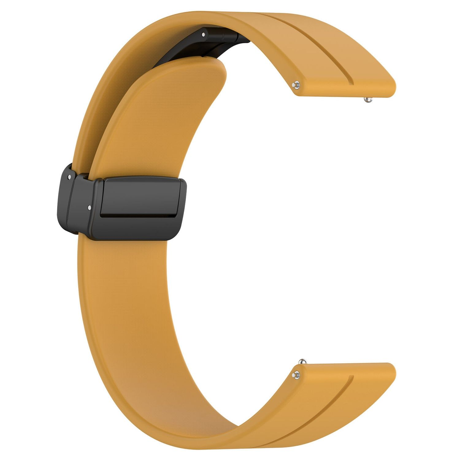 Senfgelbes Uhrenarmband, C-förmig, mit schwarzem Verschluss. Weißer Hintergrund.