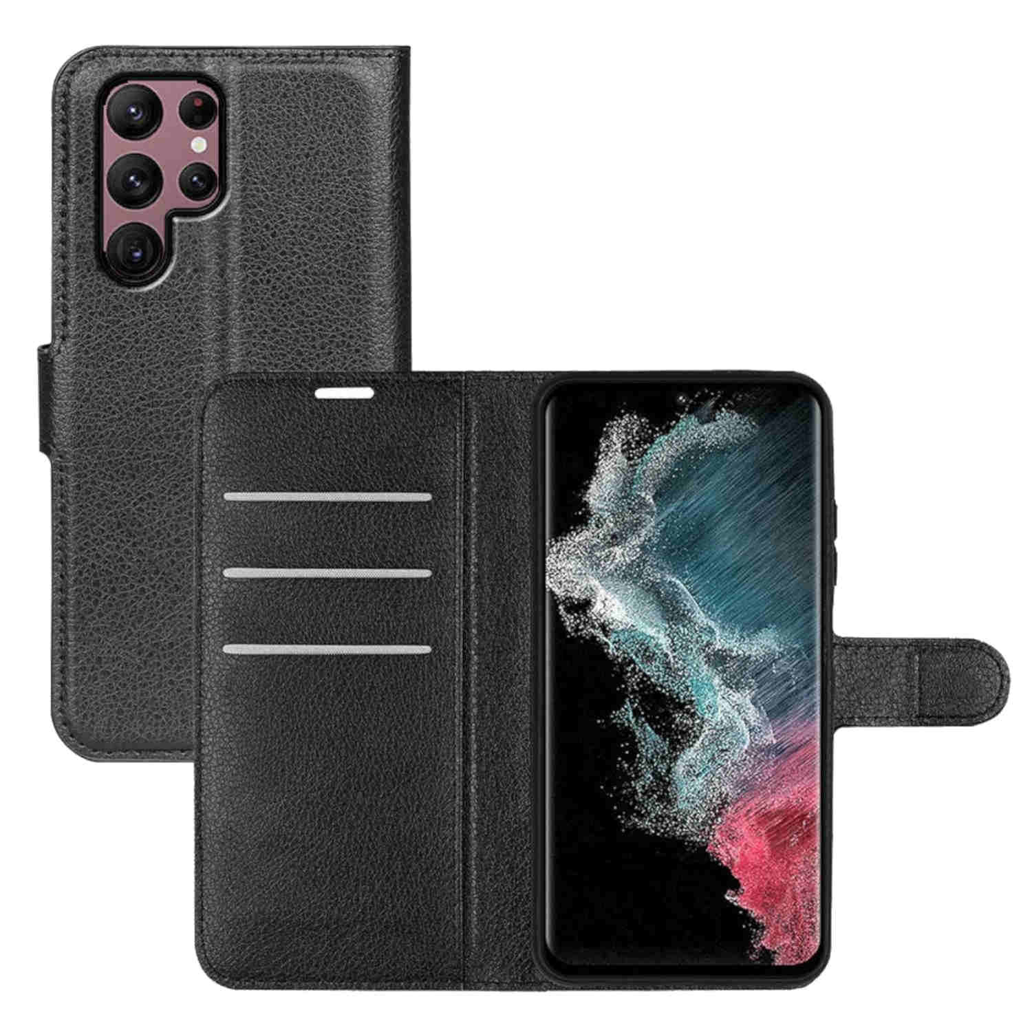 Schwarze Handyhülle im Brieftaschenstil. Sichtbarer Telefonbildschirm, Kreditkartenfächer. Telefon rechts.