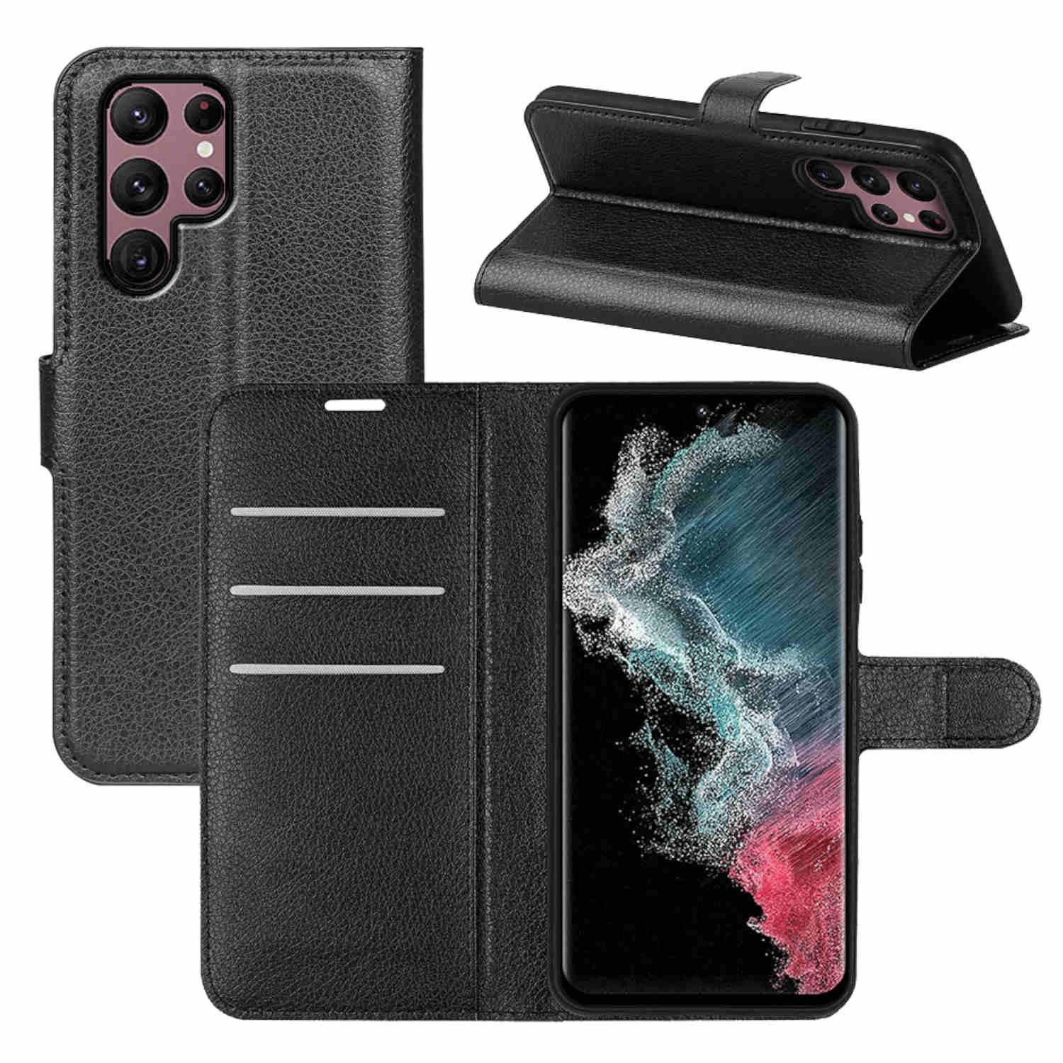 Eine schwarze Leder-Handyhülle. Das Telefon ist in der Hülle sichtbar.