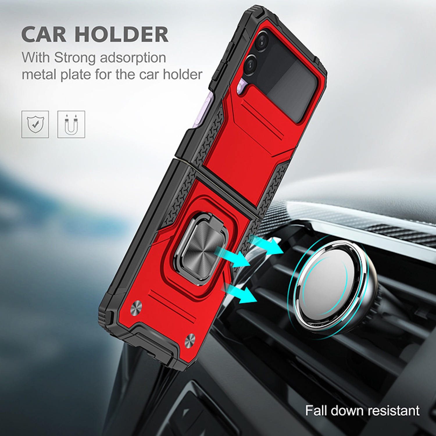 Funda roja y negra para teléfono. Teléfono en la funda. Flechas indican fijación magnética.