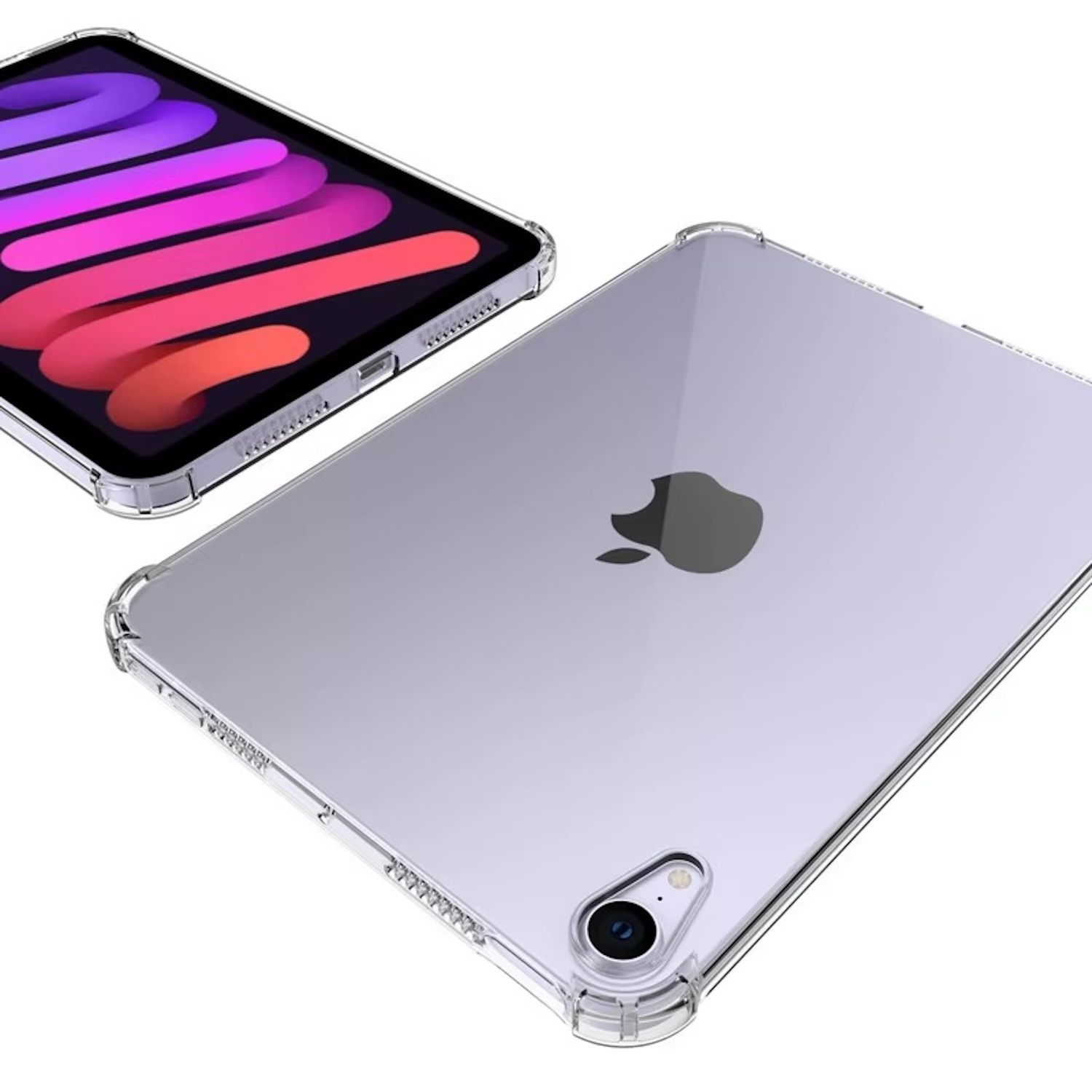 Zwei iPads in transparenten Hüllen, eines mit farbenfroher Anzeige, auf weißem Grund.