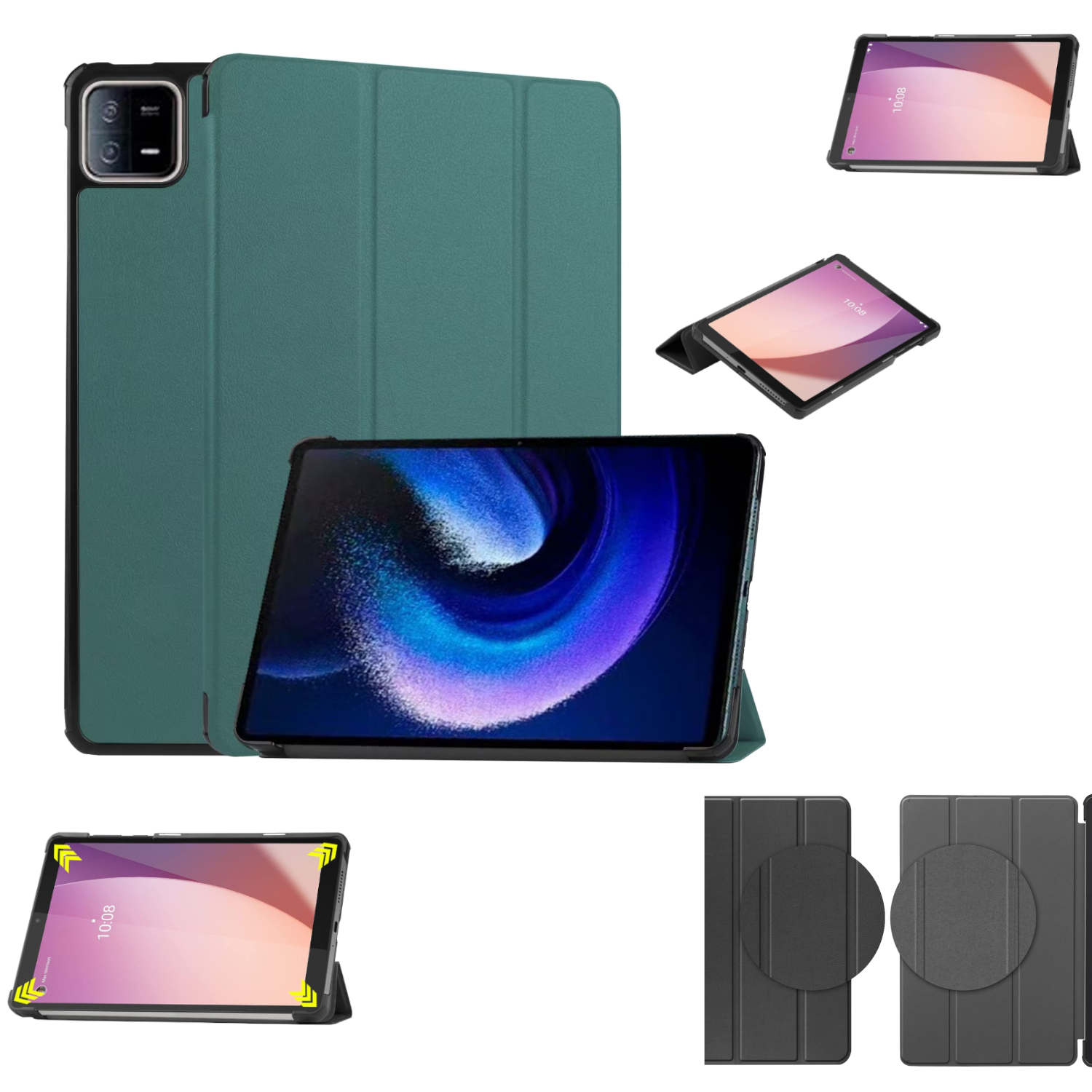 Tablets in verschiedenen Positionen. Grüne Tablethülle und Tablet. Einige Tablets zeigen die Uhrzeit 10:08. Mehrere Bilder.