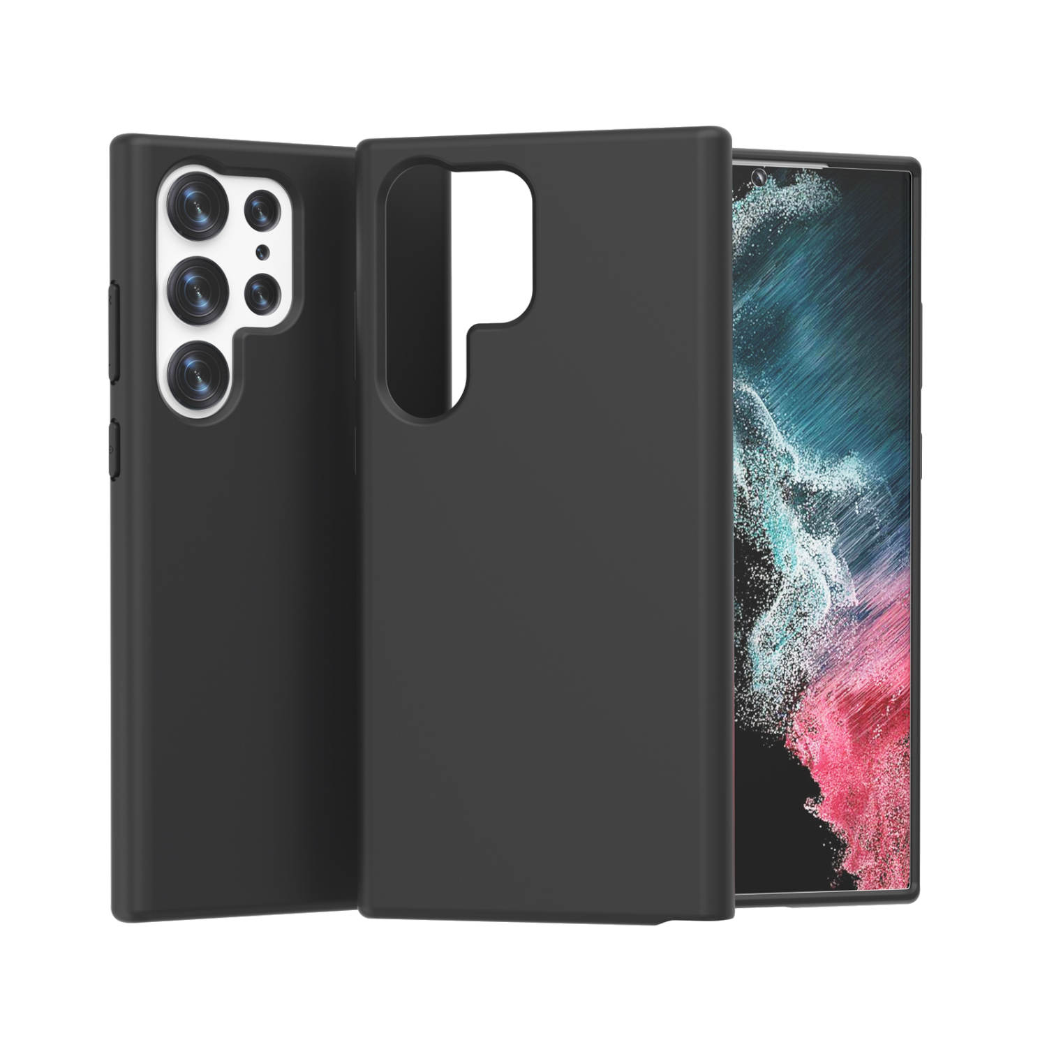 Schwarzes Telefon und Hülle. Die Hülle ist schwarz mit einem Kameraausschnitt. Das Telefon ist schwarz mit mehreren Kameras.