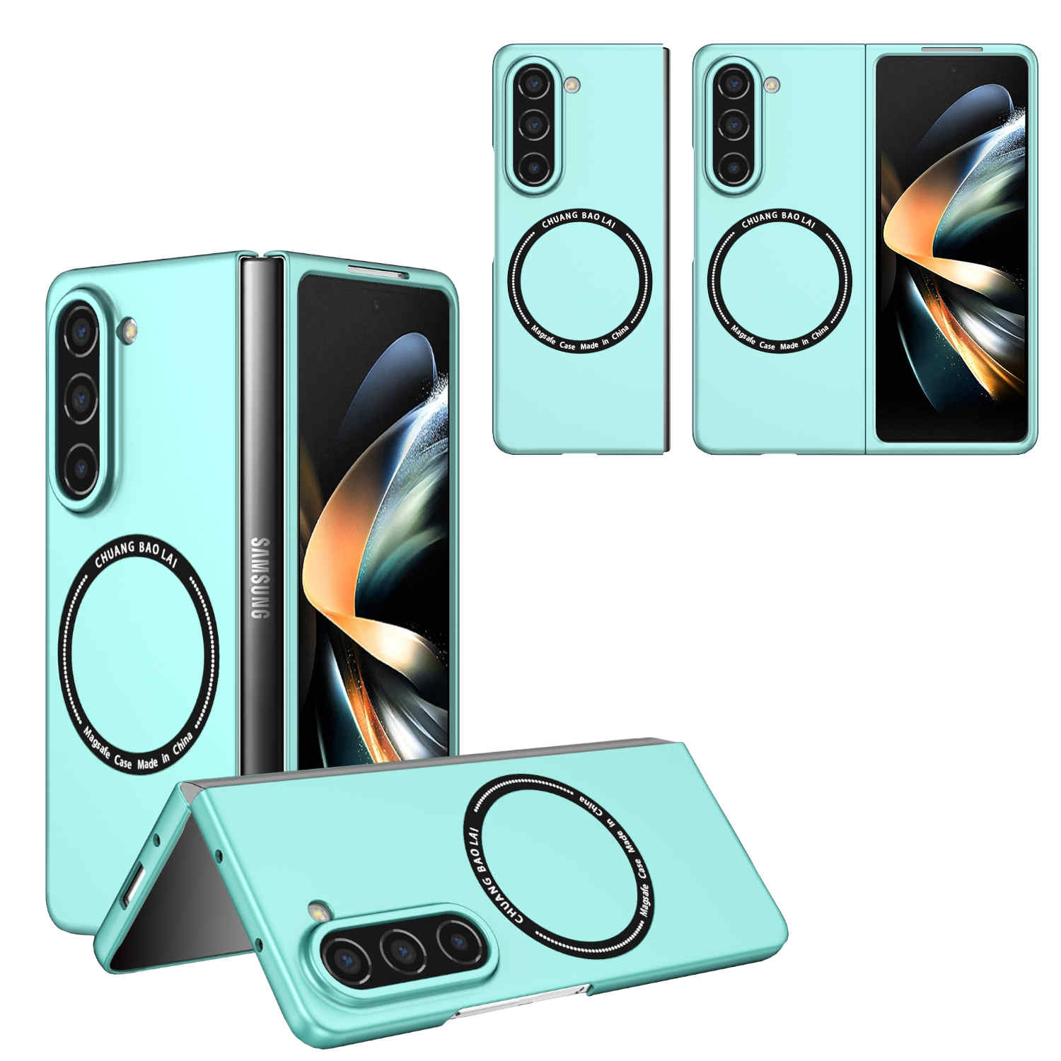 Hellgrüne Handyhülle. Die Handyhülle ist hellgrün und hat einen Ringhalter. Das Telefon ist zusammengeklappt.